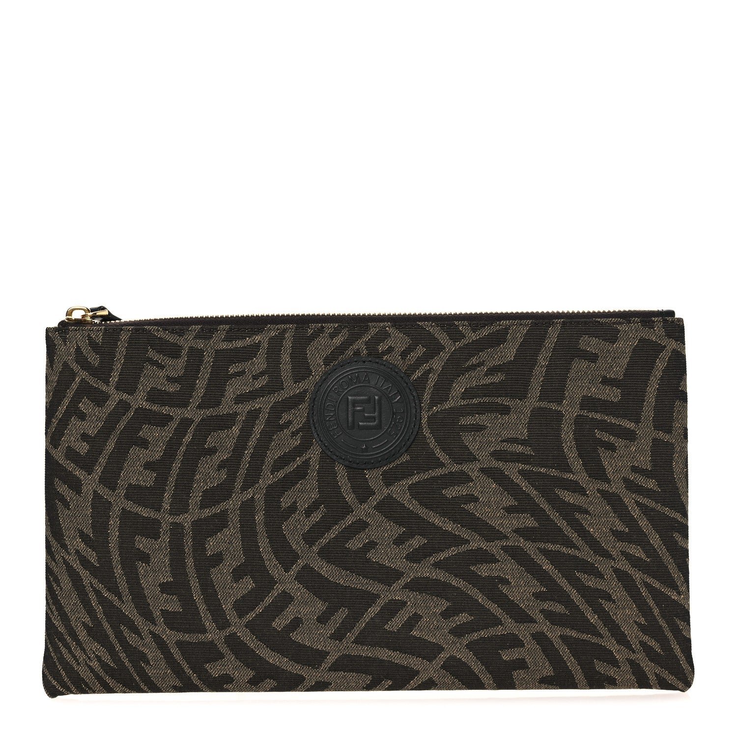 Fendi X SARAH COLEMAN Fabric Jacquard Vitello King FF Vertigo Medium Flat Pouch Tobacco Moro Black
