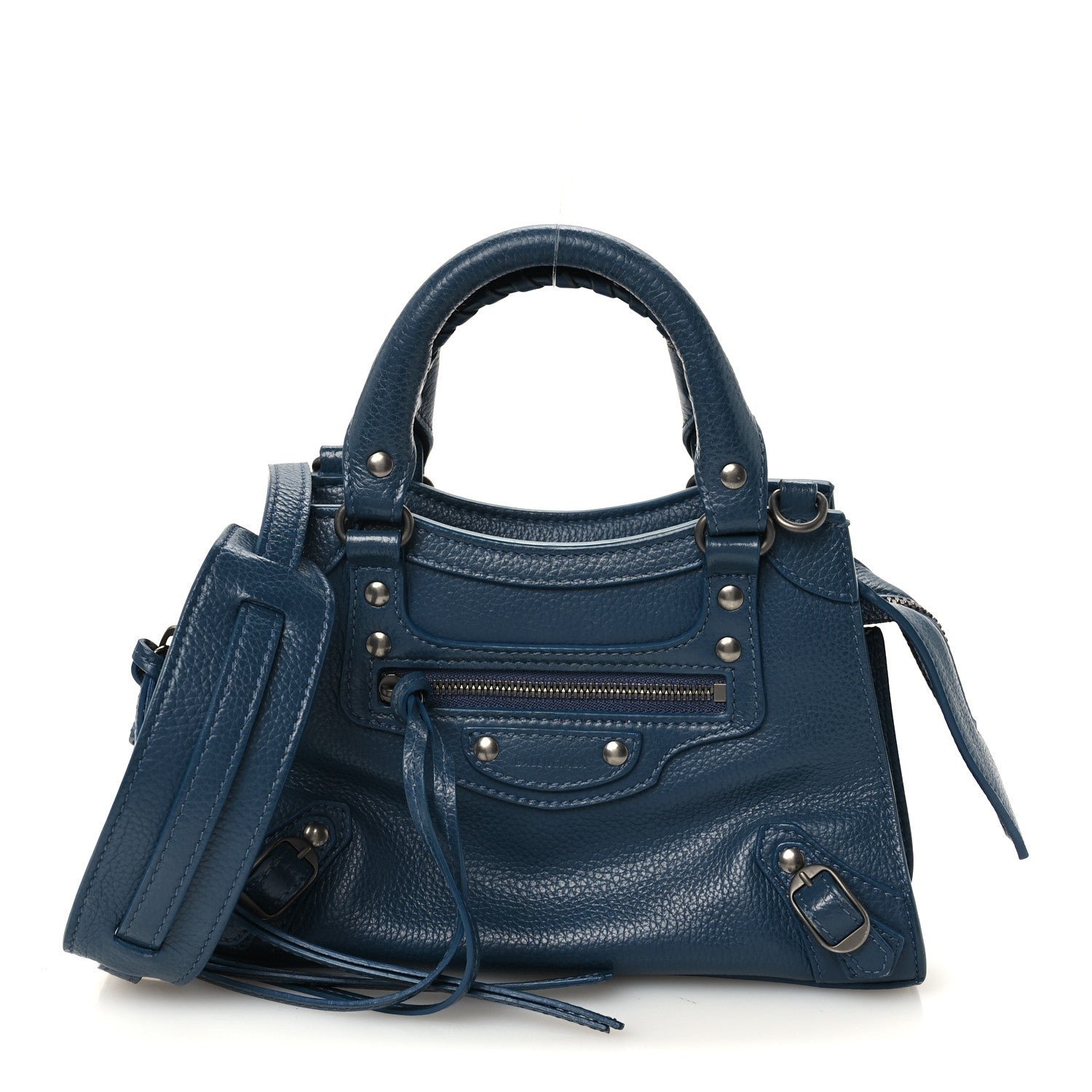 Balenciaga Grained Calfskin Neo Classic Silver Hardware Mini City Petrol Blue