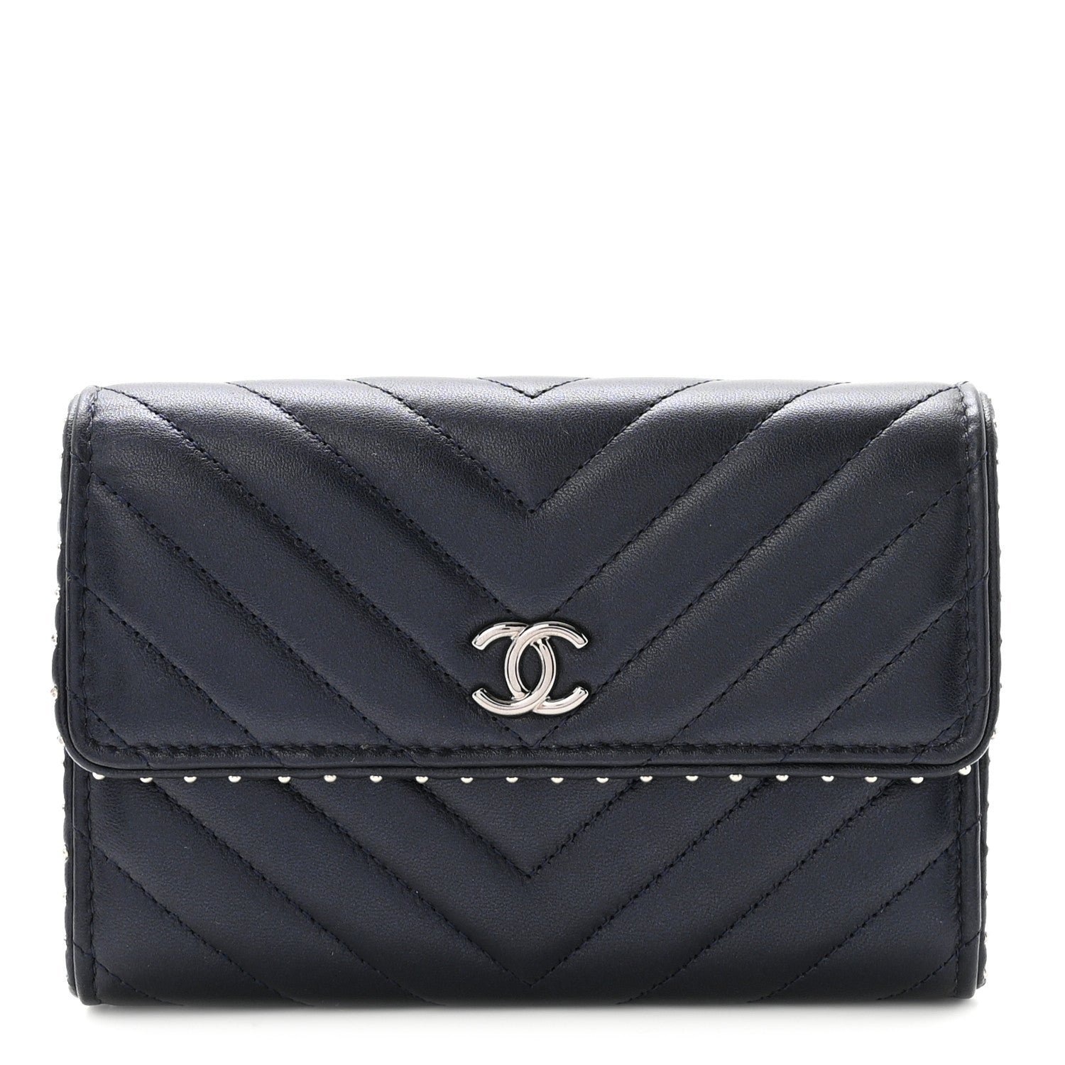 Chanel Lambskin Chevron Quilted Studded Small Flap Wallet Navy Blue
