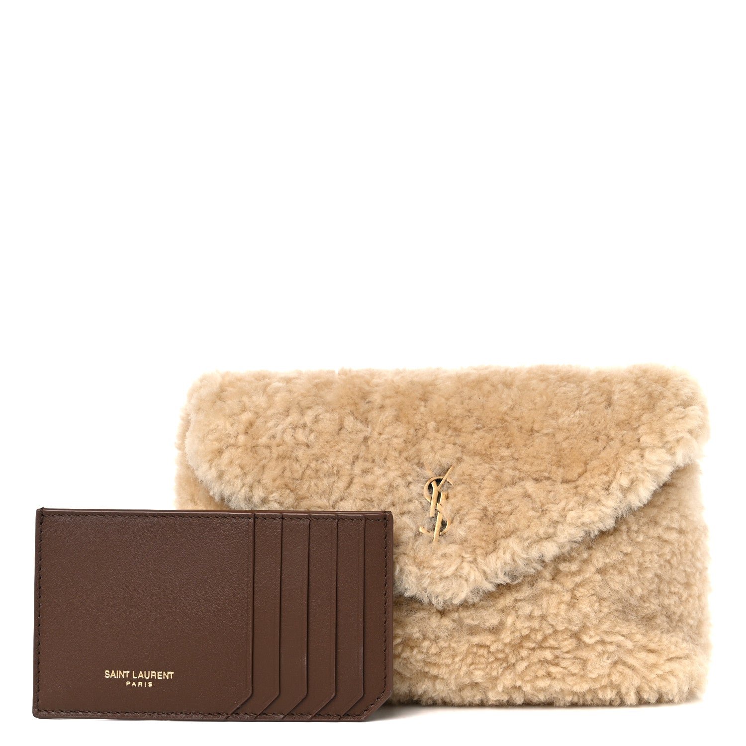 Saint Laurent Shearling Quilted Monogram Loulou Puffer Pouch Clutch Natural Beige Brick