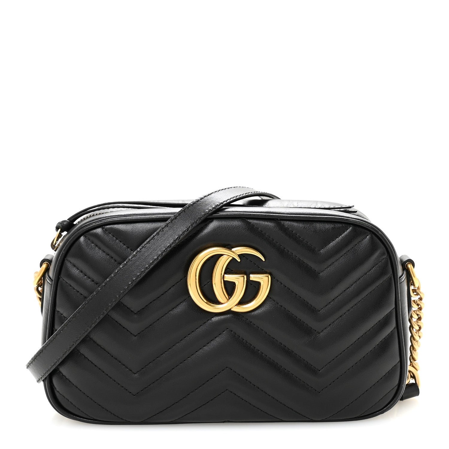 Gucci Calfskin Matelasse Small GG Marmont Chain Shoulder Bag Black