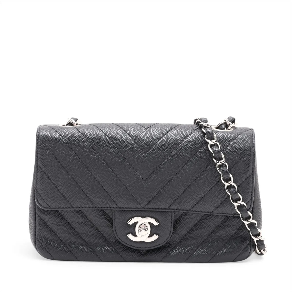 Chanel V Stitch Caviar Skin Single Flap Single Chain Bag Chevron Black Silver Me