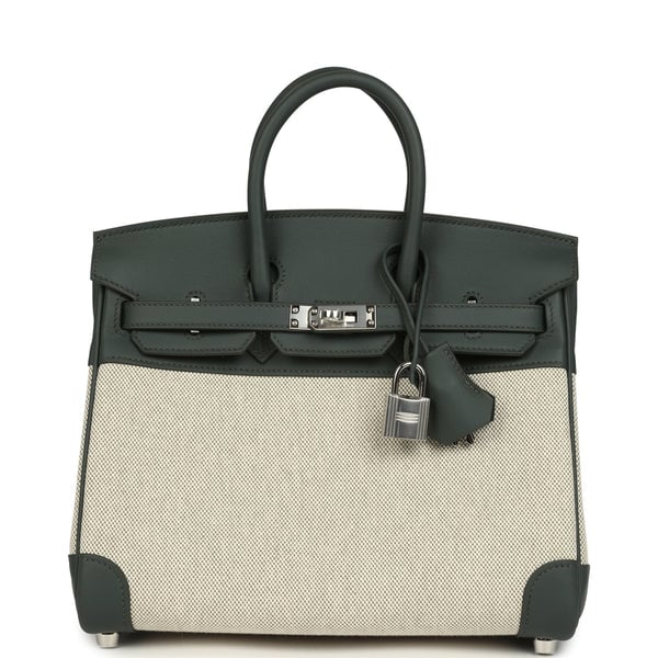 Hermes Hermes Birkin 25 Ecru-Vert Amande Toile H Canvas and Vert Mangrove Swift Palladium Hardware
