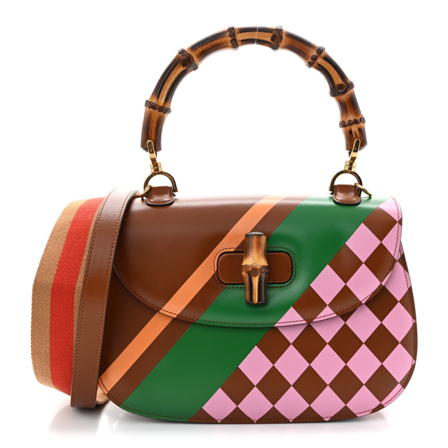 Gucci Calfskin Geometric Print Medium Bamboo 1947 Top Handle Bag Brown
