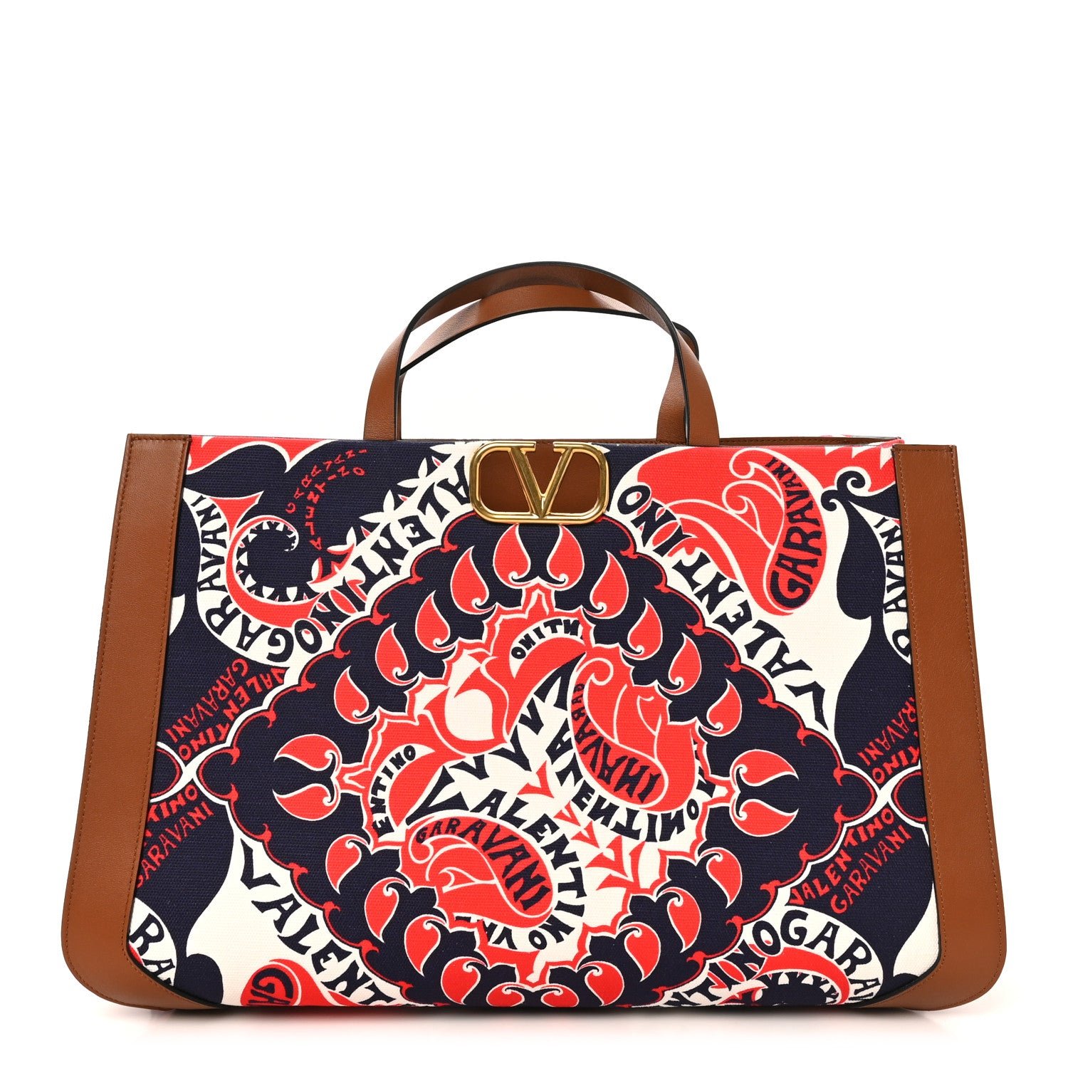 Valentino Garavani Valentino Garavani Canvas Calfskin Large Vlogo Manifesto Bandana Print Tote Red Multicolor
