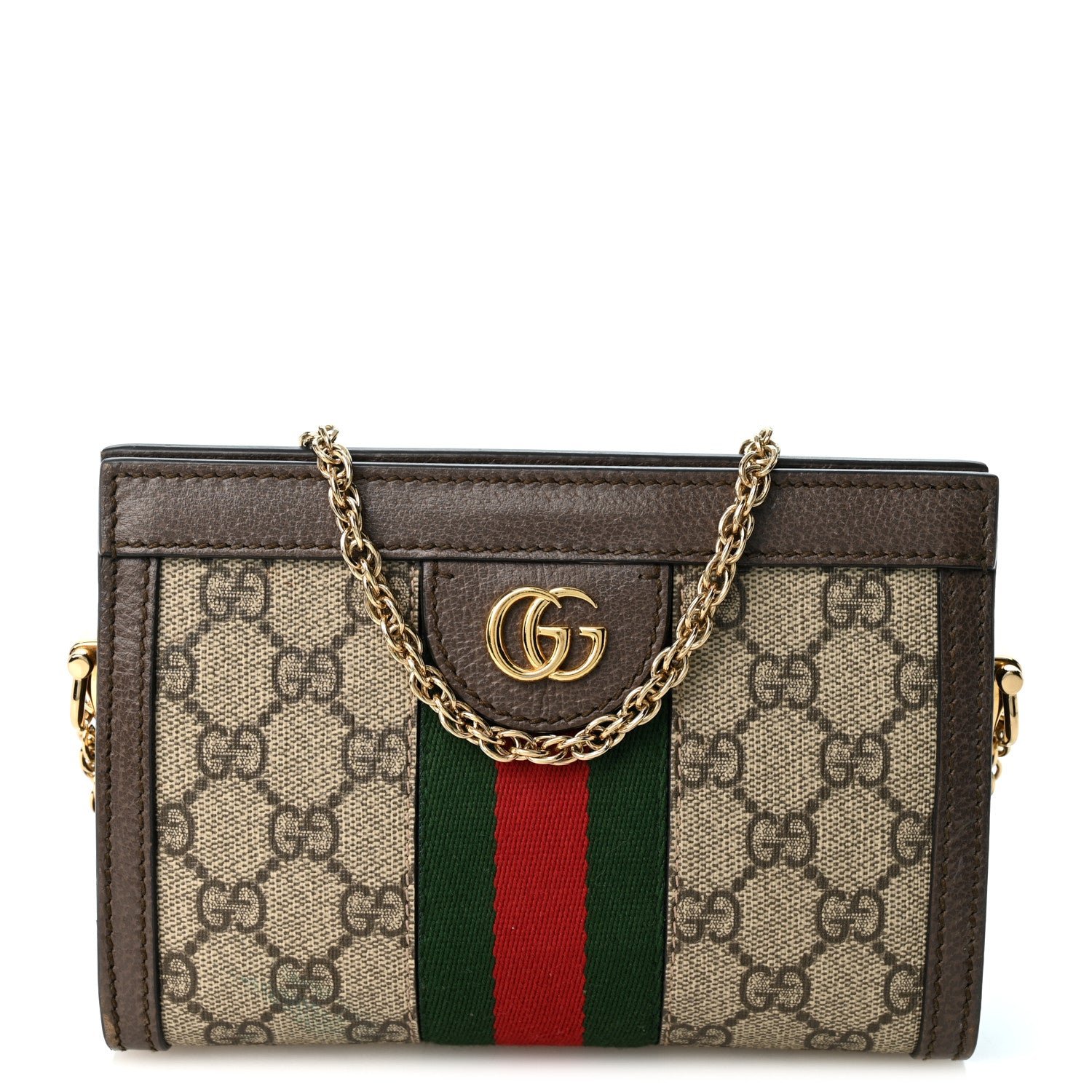 Gucci GG Supreme Monogram Textured Dollar Calfskin Web Mini Ophidia Chain Shoulder Bag Beige Ebony New Acero