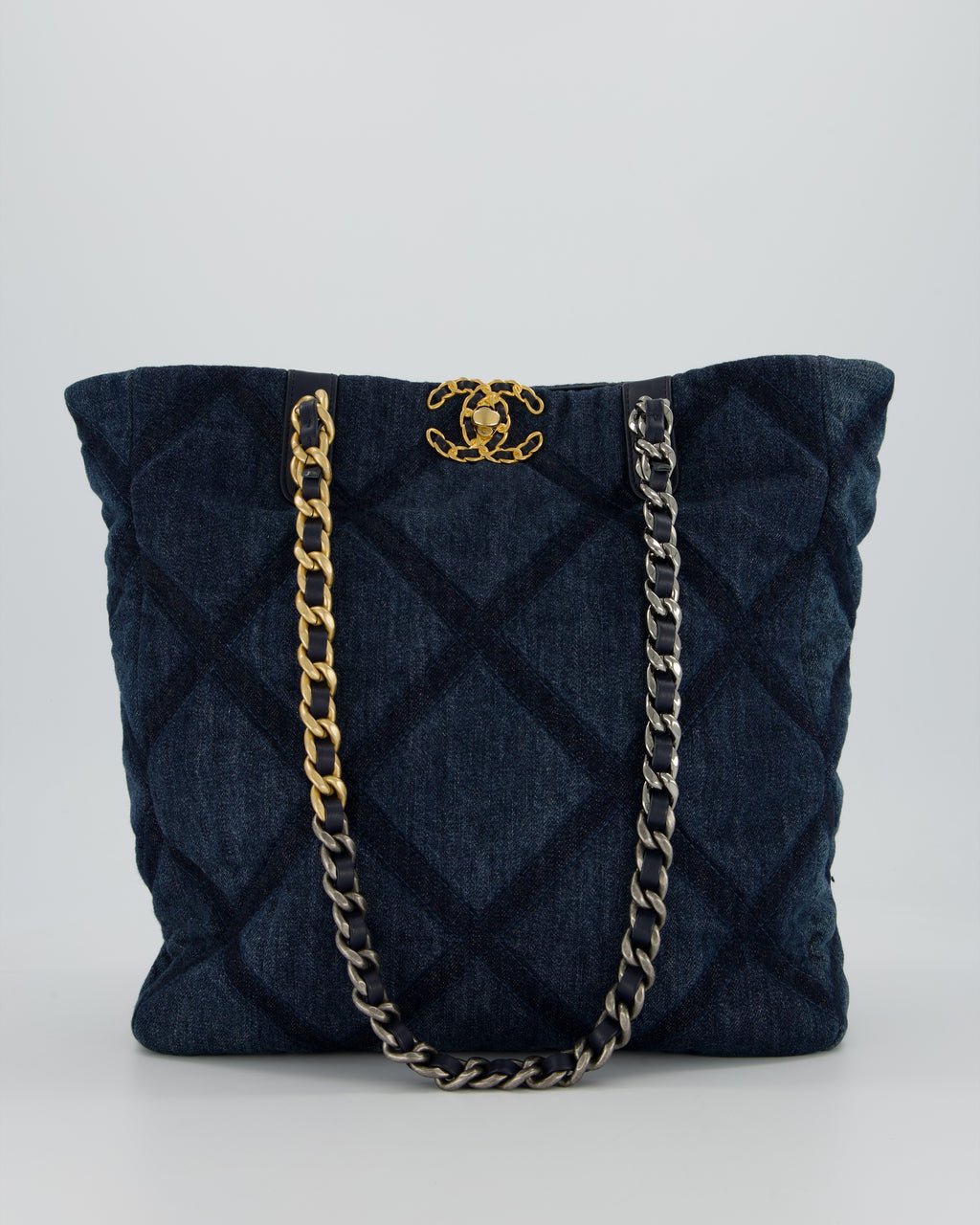Chanel 19 Blue Denim Shopping Tote Bag with Ruthenium Hardware