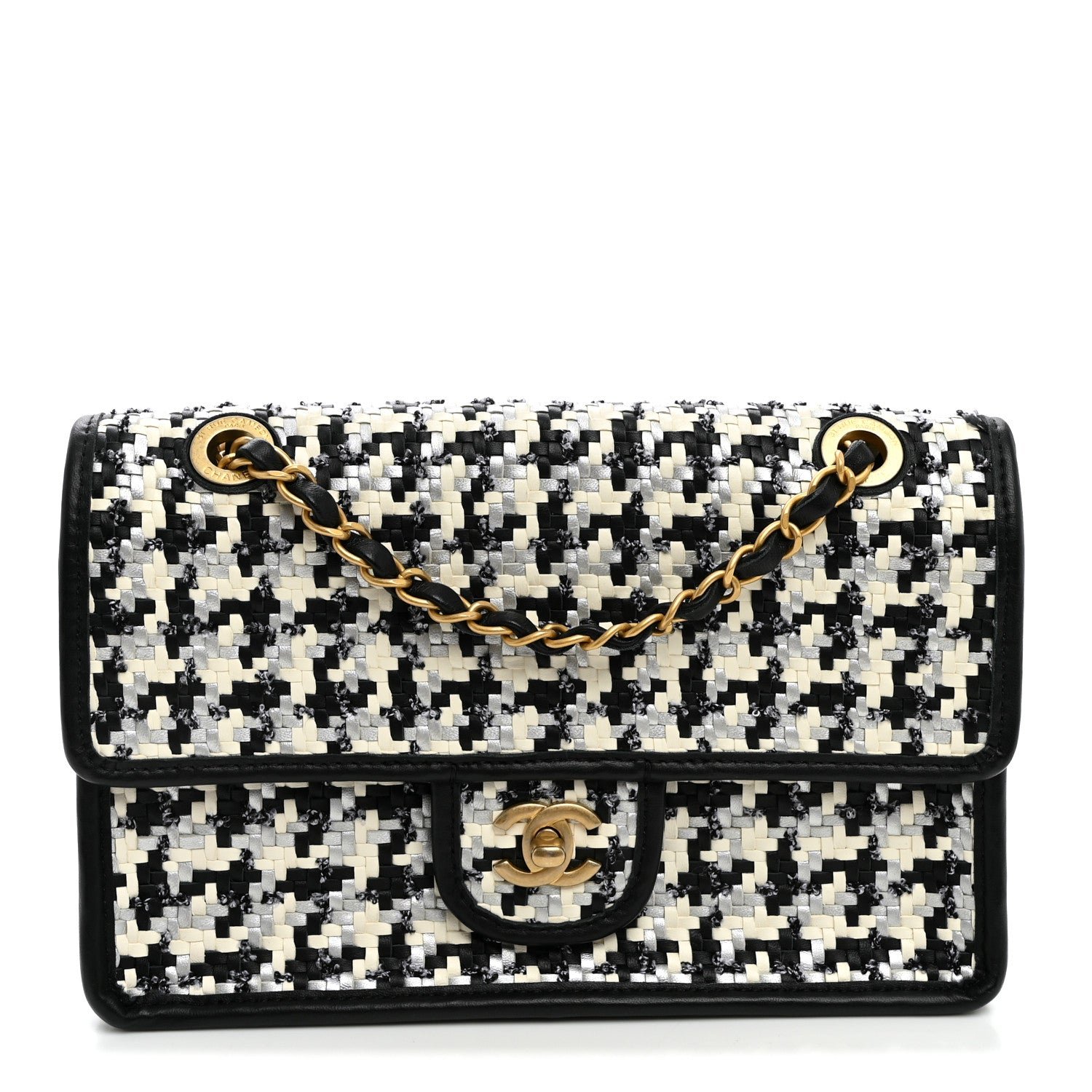 Chanel Metallic Lambskin Viscose Woven Flap Silver Black
