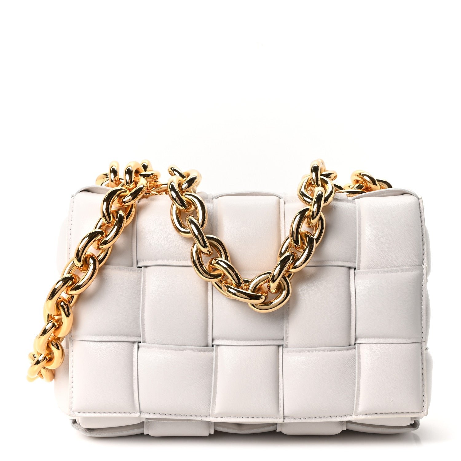 Bottega Veneta Lambskin Maxi Intreccio Padded Chain Cassette Crossbody Bag White