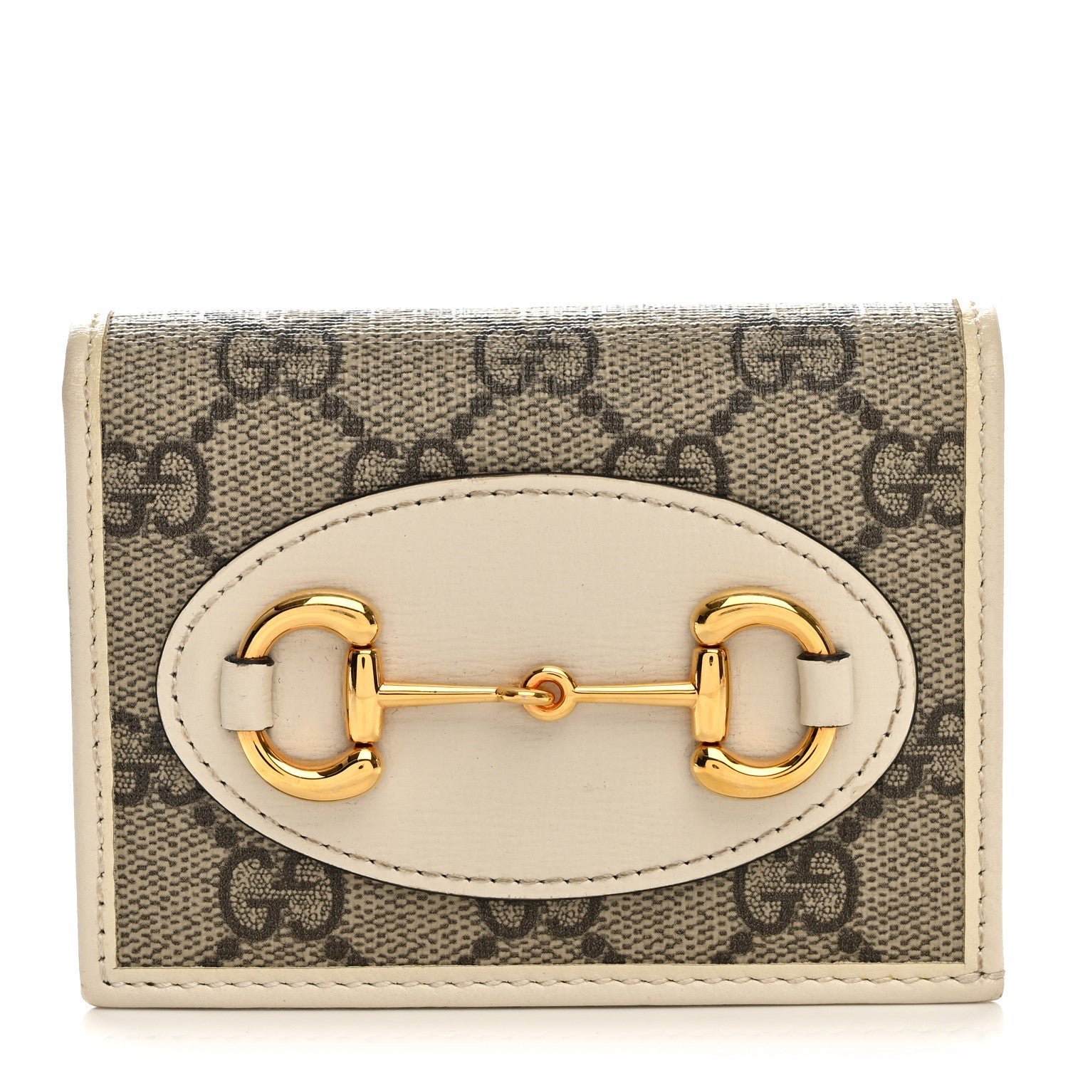 Gucci GG Supreme Monogram Azalea Calfskin Horsebit 1955 Card Case Wallet Beige Ebony Mystic White