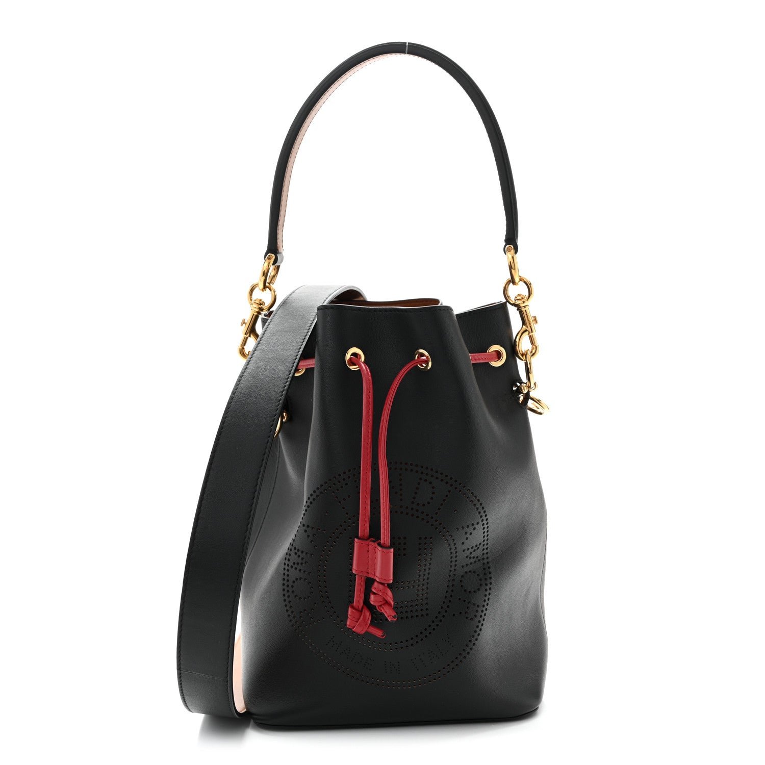 Fendi Vitello Grace F is Fendi Stamp Patch Perforated Small Mon Tresor Bucket Bag Black