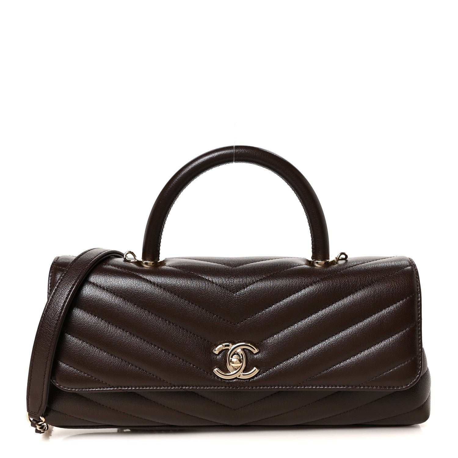 Chanel Goatskin Chevron Quilted Maxi East West Coco Handle Flap Dark Brown
