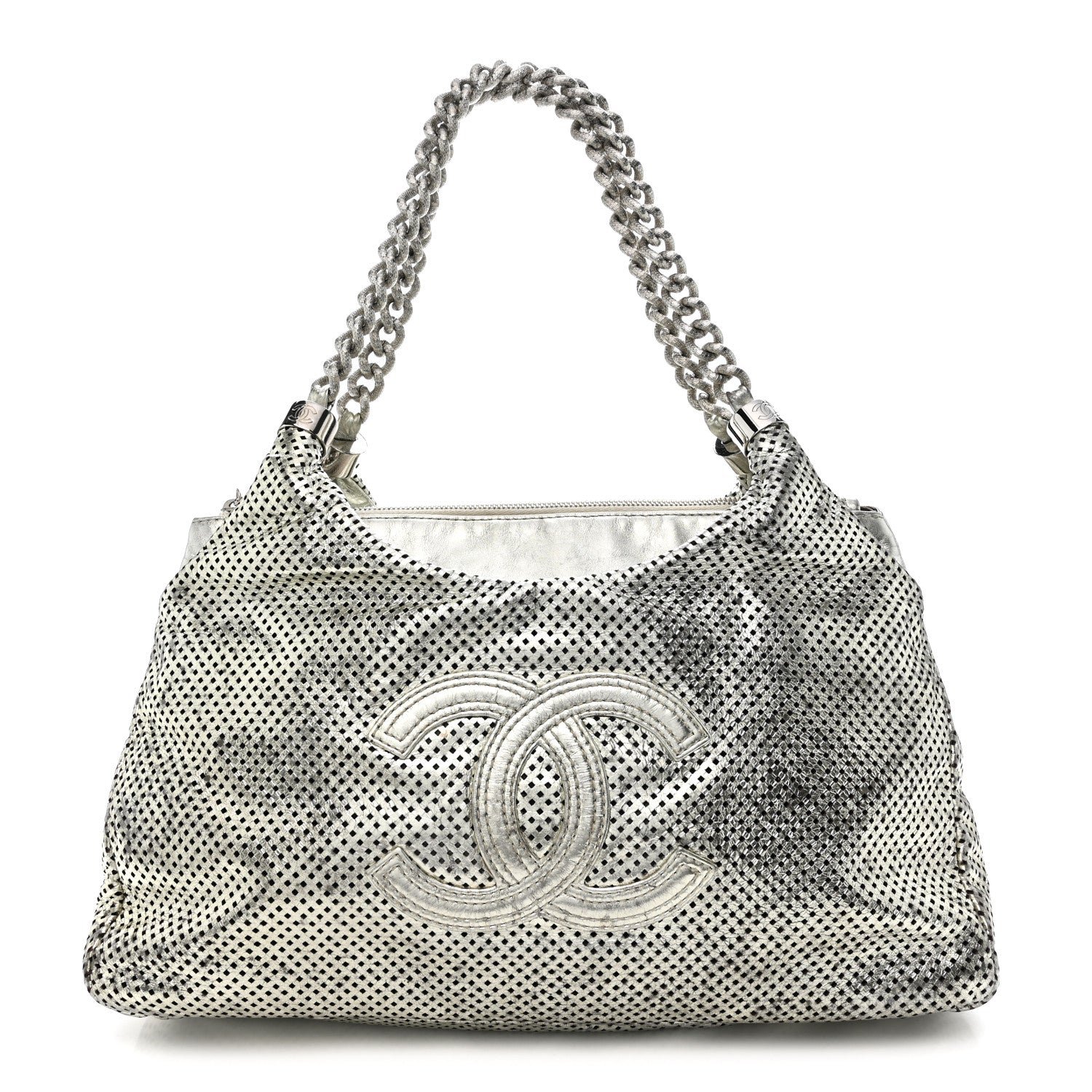 Chanel Metallic Glazed Calfskin Perforated Rodeo Drive Hobo Silver