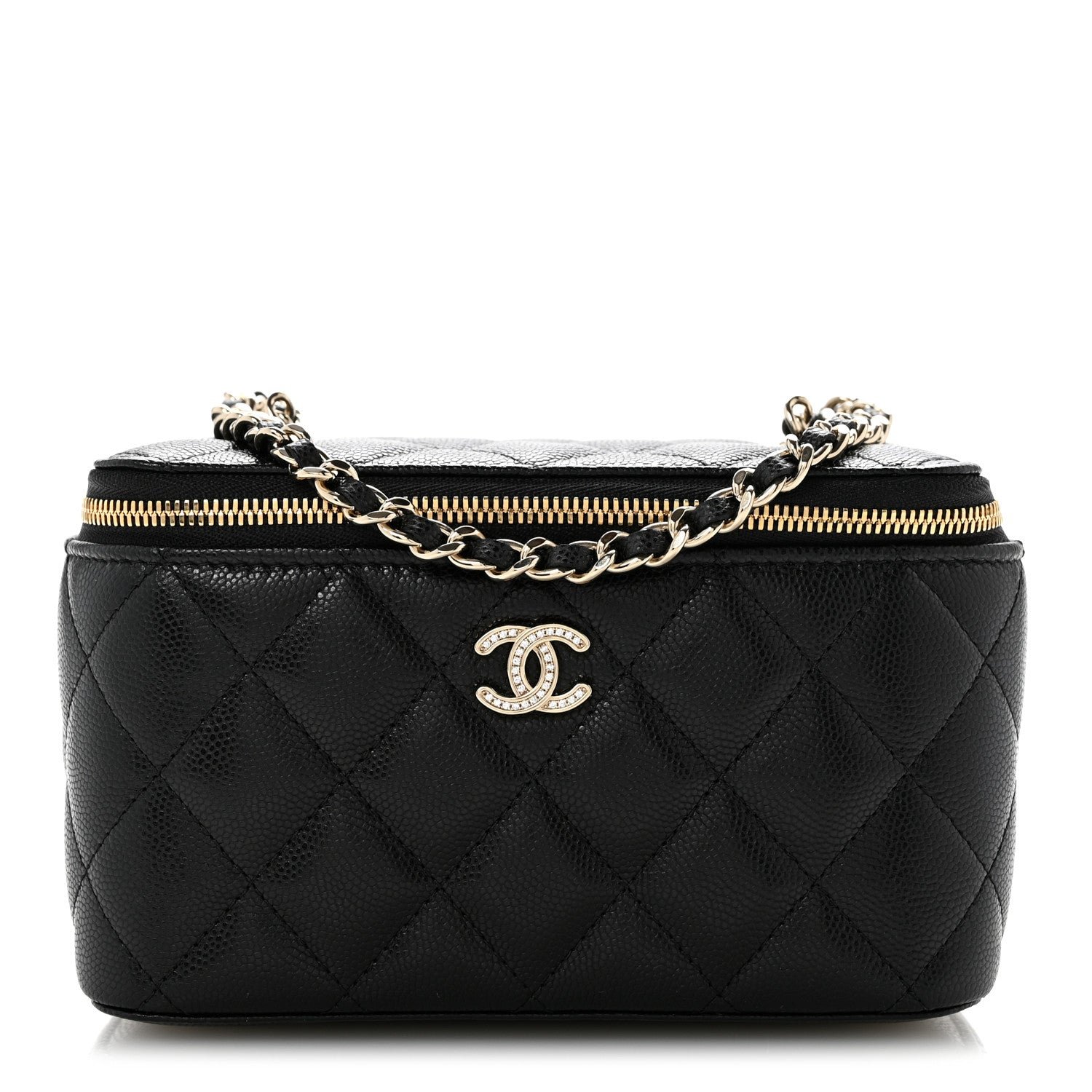 Chanel Caviar Quilted Crystal CC Logo Vanity Case With Chain Black