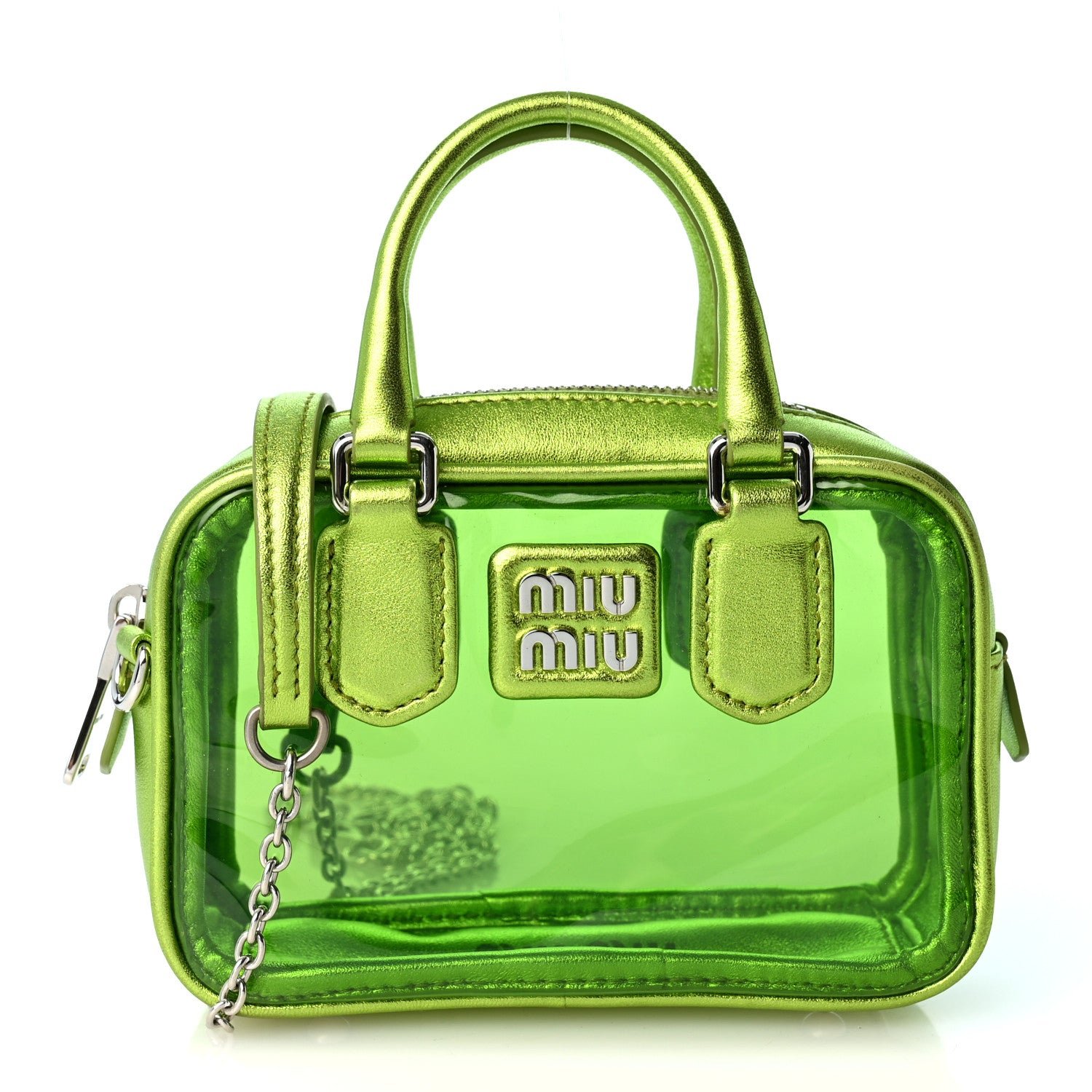 Miu Miu Metallic Nappa Plexi Vinyl Mini Top Handle Crossbody Felce Mordore