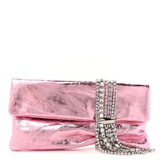 Jimmy Choo Vintage Metallic Calfskin Crystal Zandra Clutch Bag Rose Silver