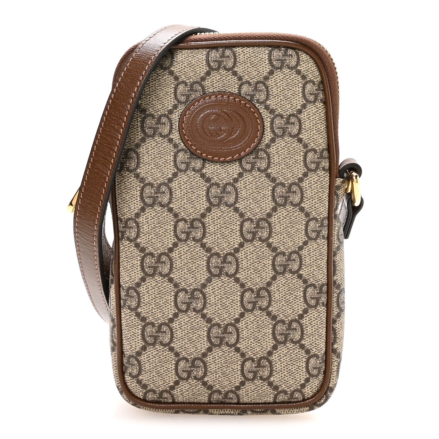 Gucci GG Supreme Monogram Textured Calfskin Retro Interlocking G Phone Crossbody Bag Ebony Brown Sugar