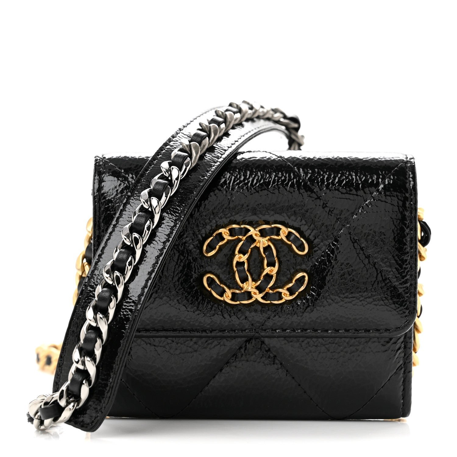 Chanel Shiny Crumpled Calfskin Quilted Chanel 19 Flap Coin Purse With Chain Black