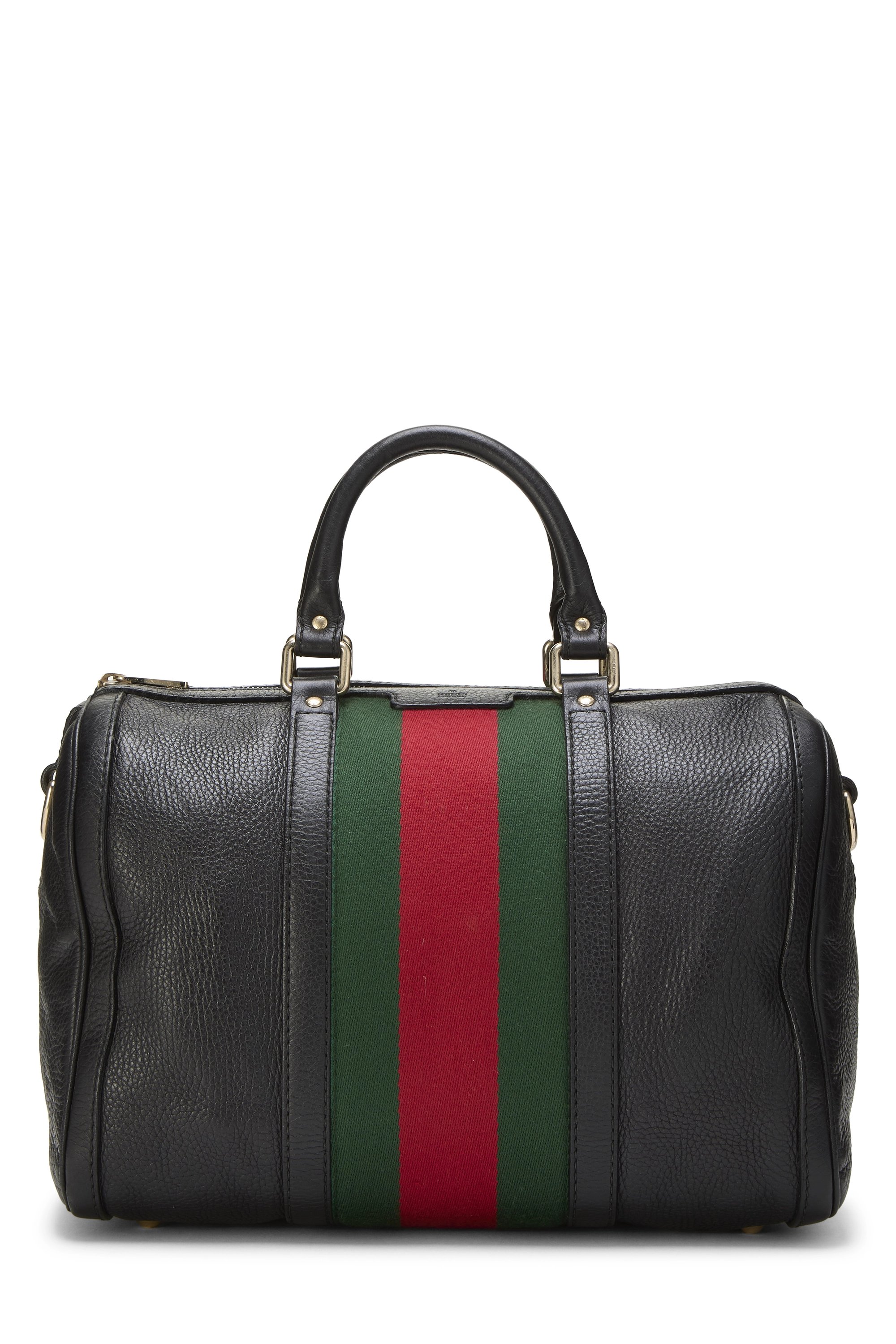 Black Leather Web Boston Bag Medium