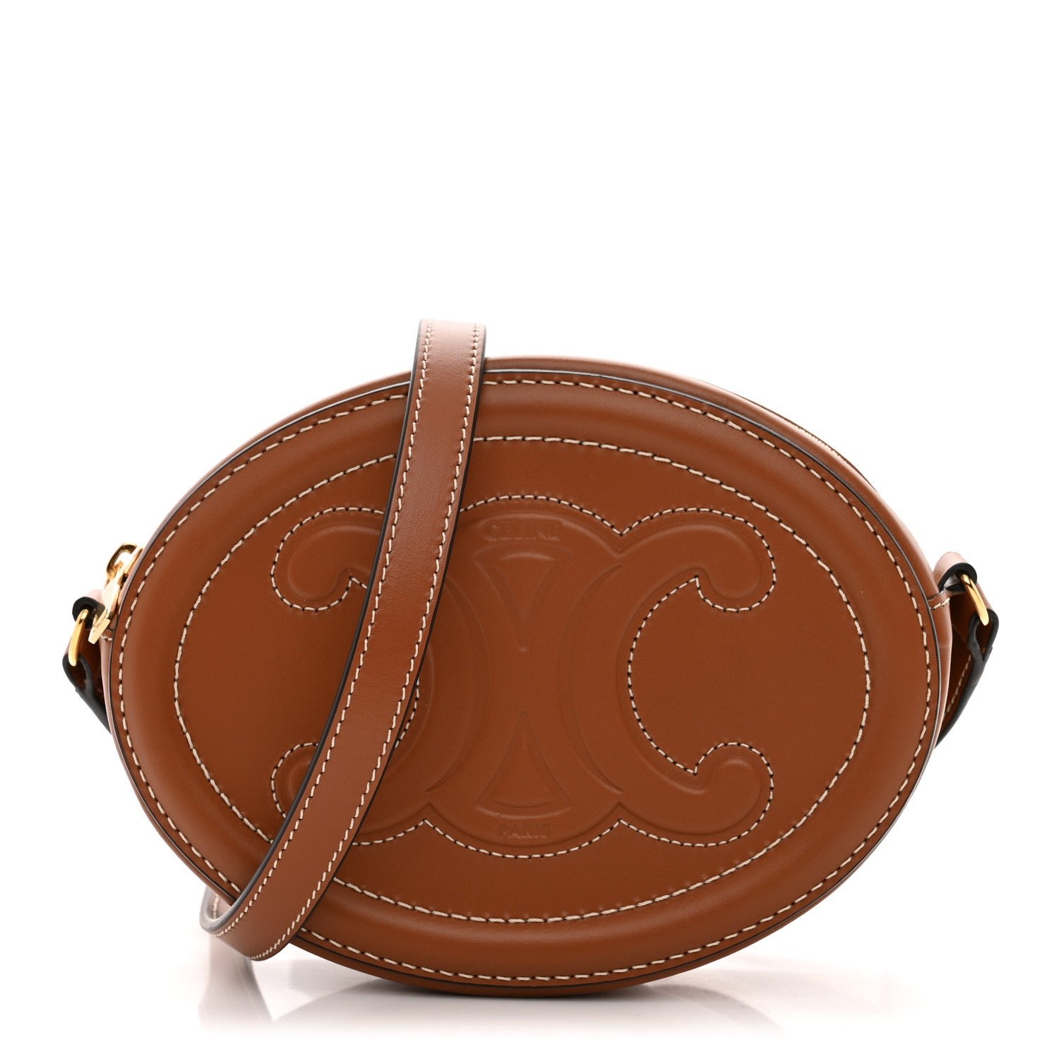 Celine Smooth Calfskin Cuir Small Triomphe Oval Crossbody Purse Tan