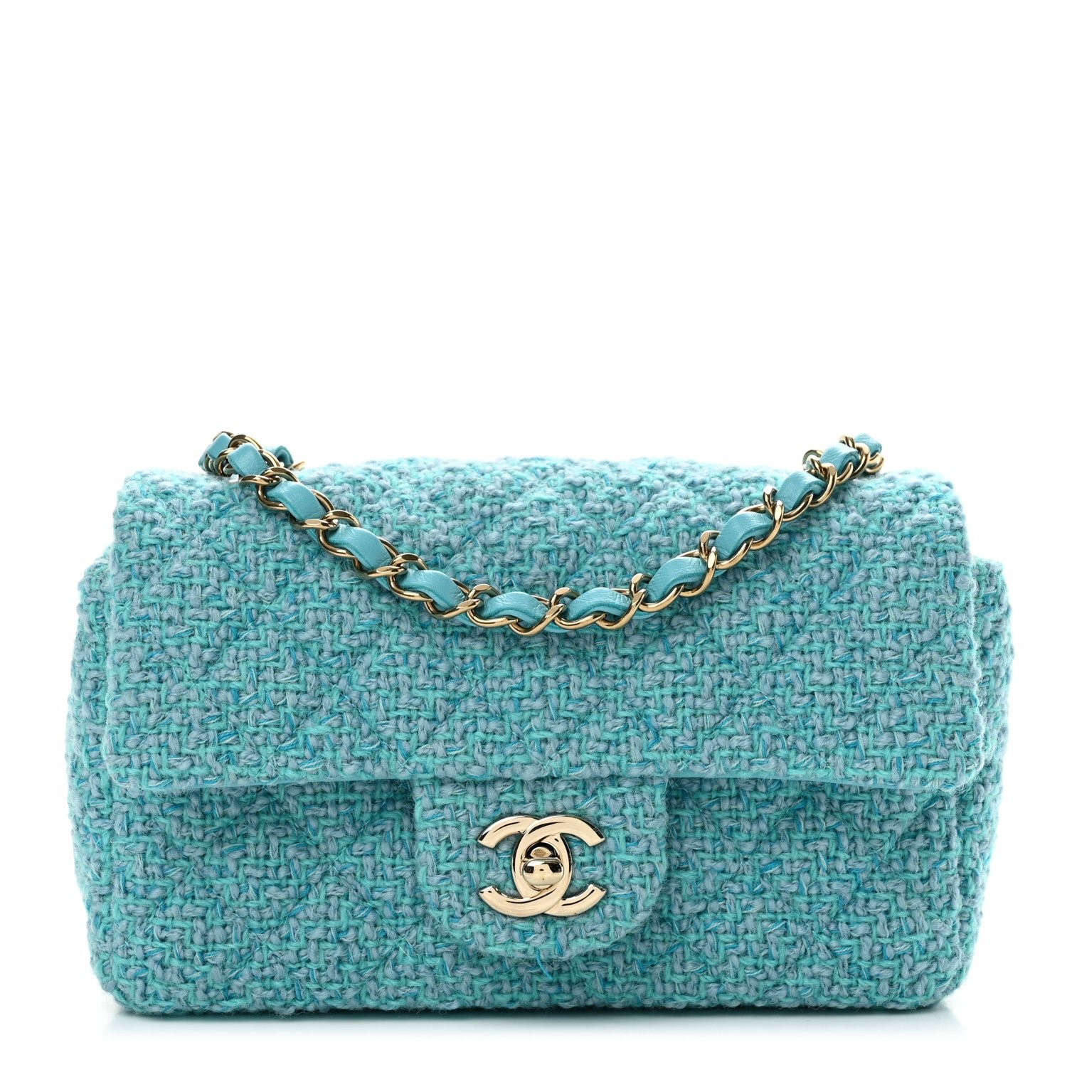 Chanel Wool Tweed Quilted Mini Rectangular Flap Turquoise Light Blue