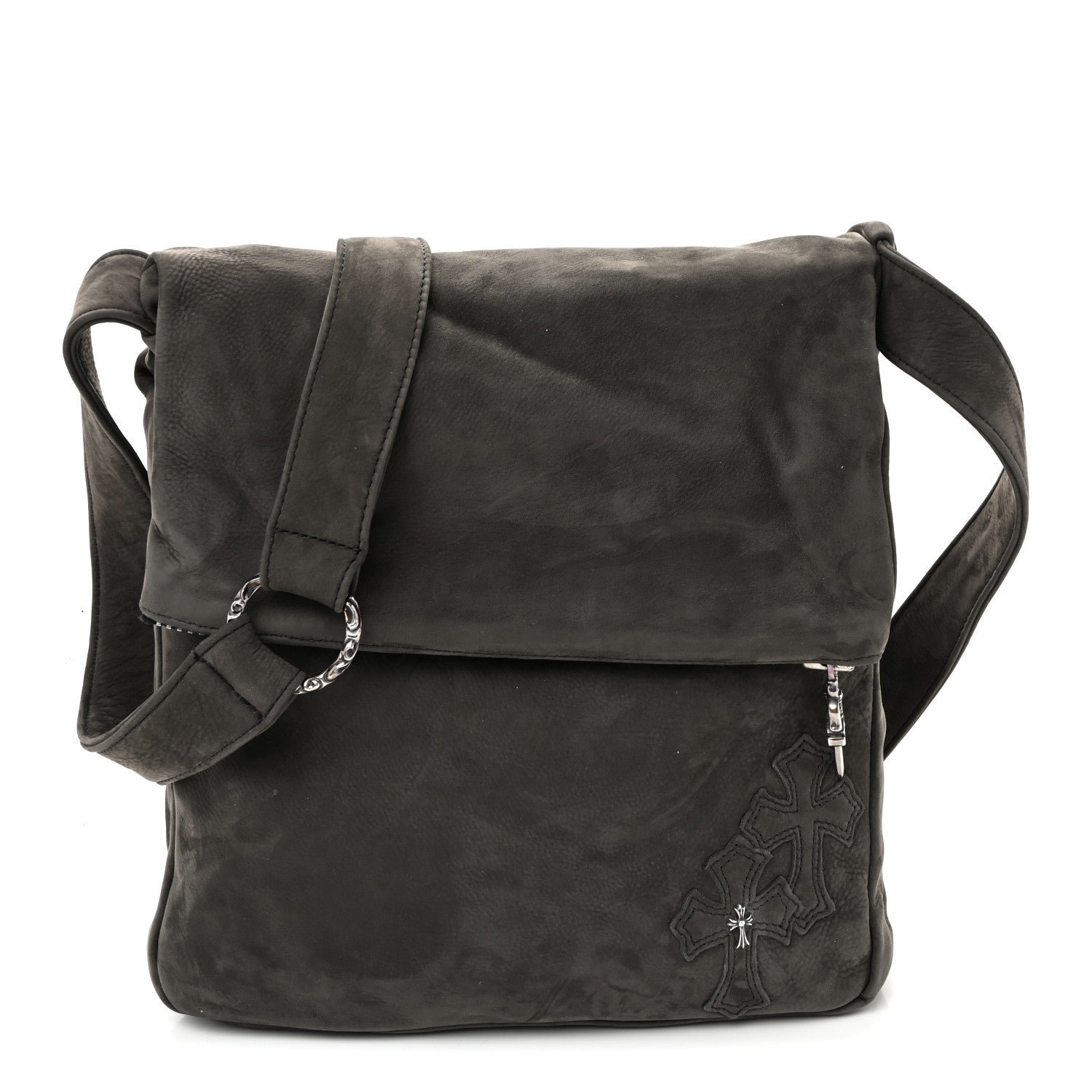 Chrome Hearts Chrome Hearts Suede Calfskin Zip Top Cross Patch Crossbody Bag Black Grey
