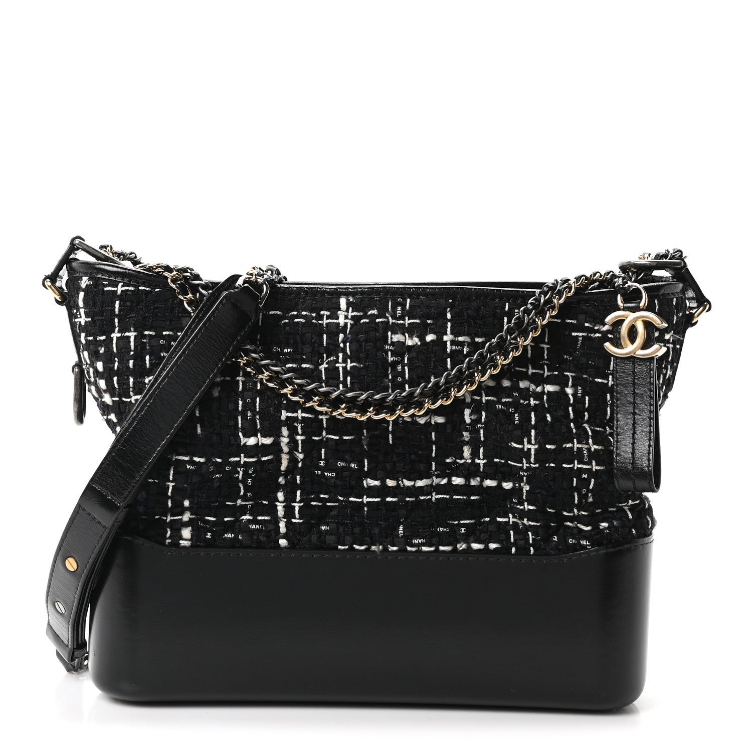 Chanel Tweed Calfskin Quilted Medium Gabrielle Hobo Black White