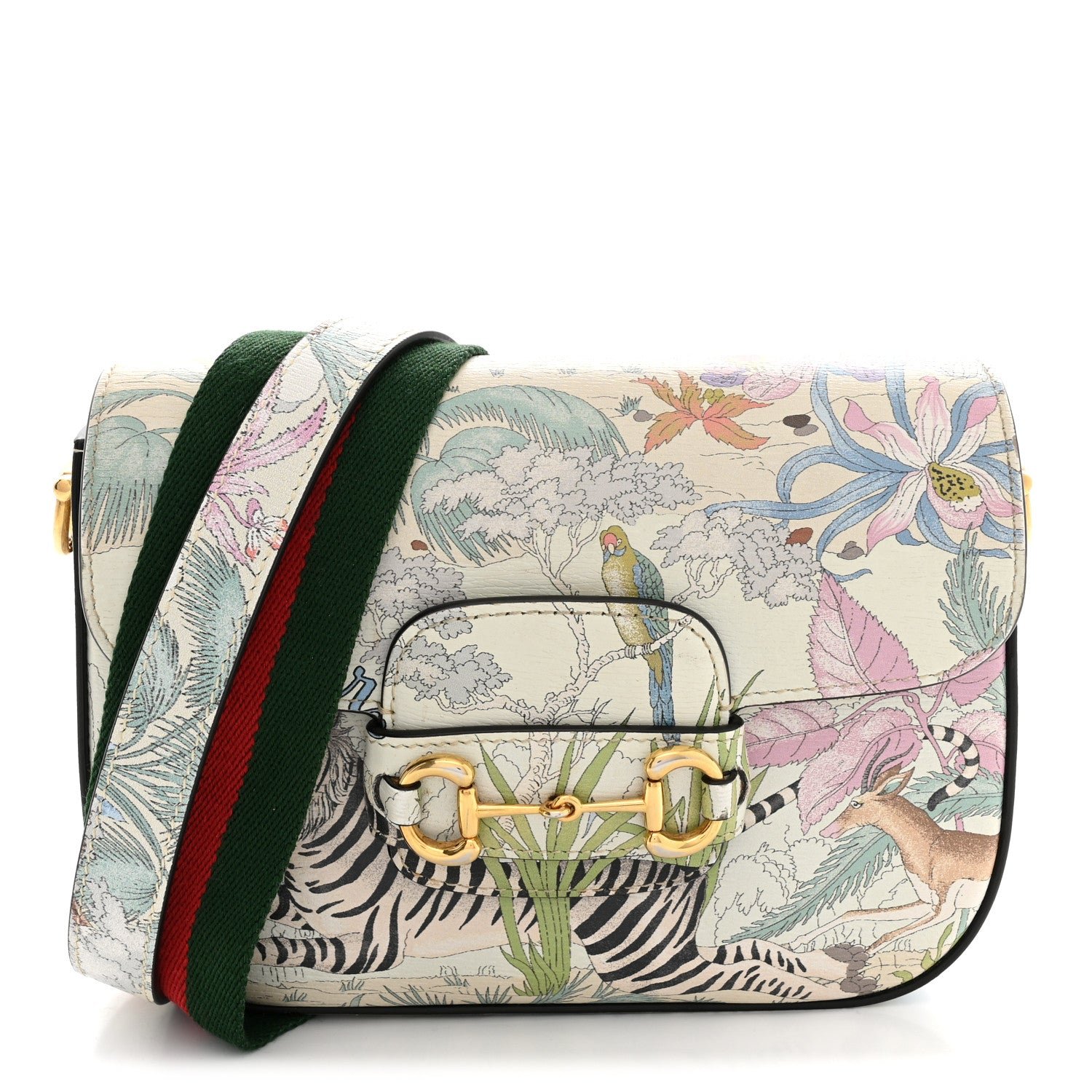 Gucci New Shangai Calfskin Tiger Savanah Web Mini Horsebit 1955 Shoulder Bag Chalky White Multicolor