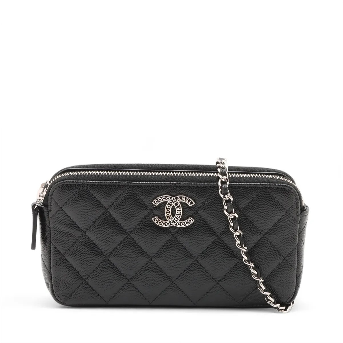 Chanel Matelasse Caviar Skin Chain Wallet Black Silver Metal Fittings random ser
