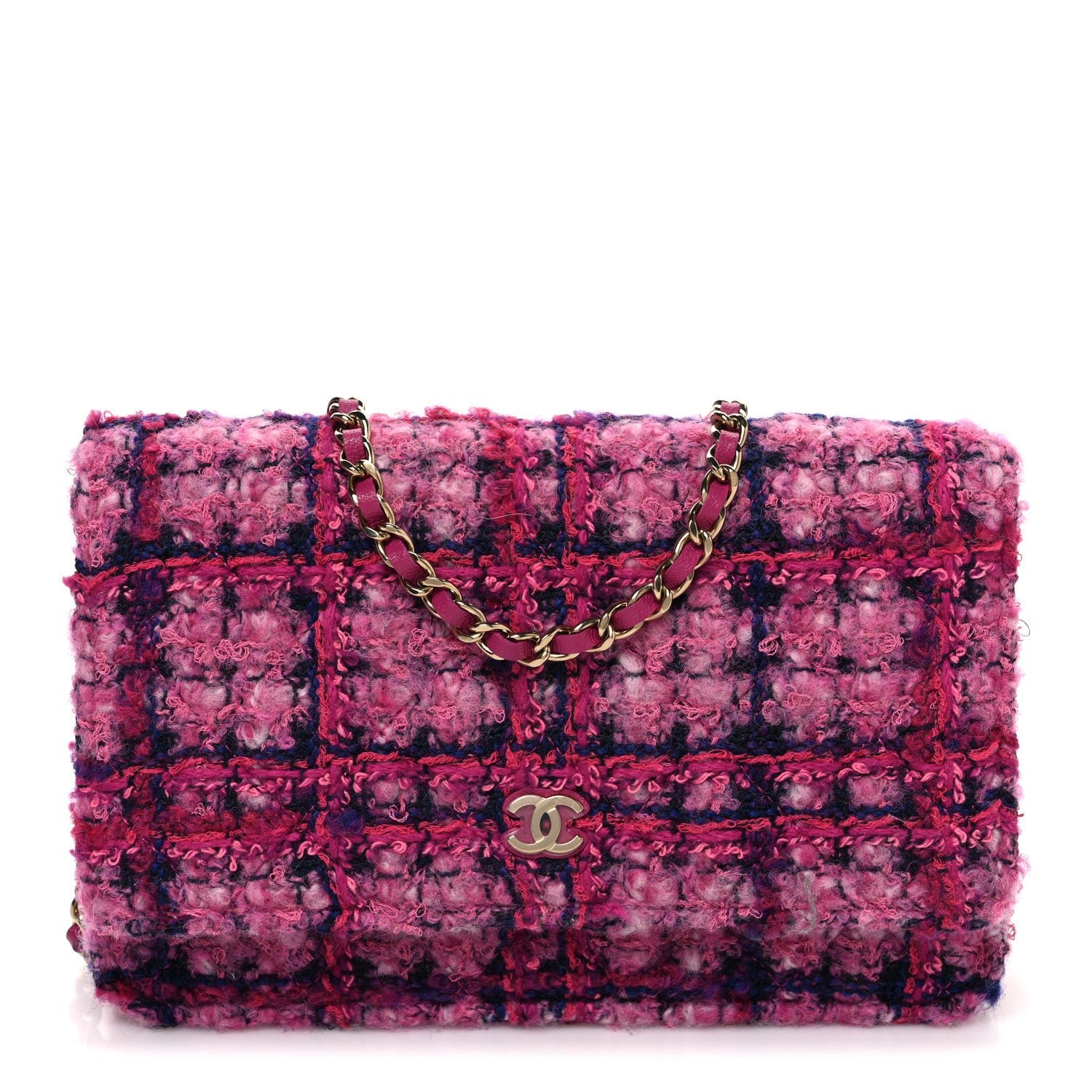 Chanel Tweed Quilted Wallet On Chain WOC Fuchsia Purple