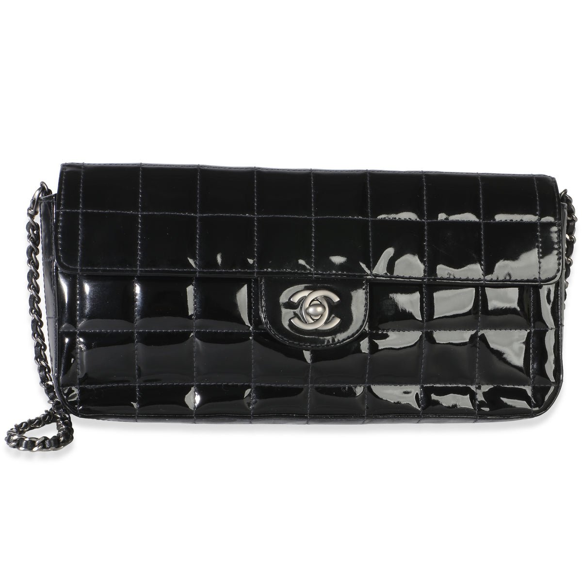 Black Quilted Patent Chocolate Bar East West Flap Bag