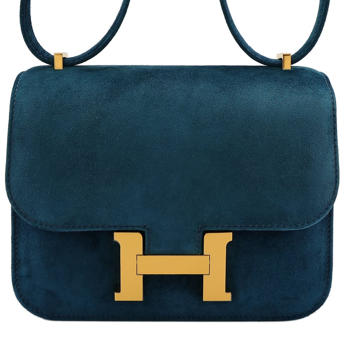 Hermes HERMÈS Constance Mini 19 shoulder bag in Blue Ocean Doblis suede with Gold hardware