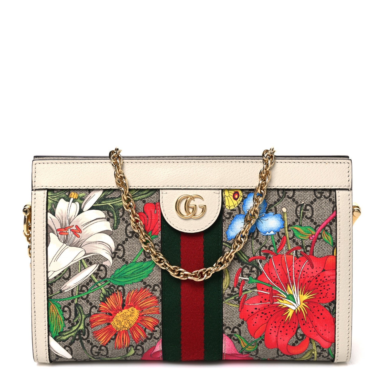 Gucci GG Supreme Monogram Flora Web Small Ophidia Chain Shoulder Bag White