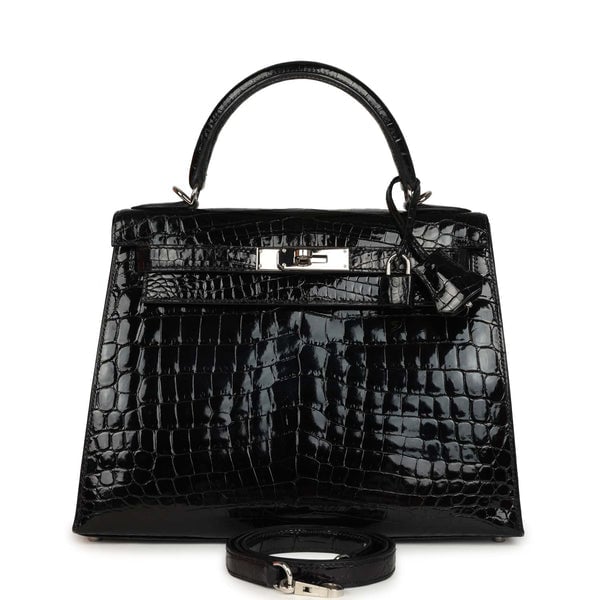 Hermes Pre-owned Hermes Kelly Sellier 28 Black Shiny Niloticus Crocodile Palladium Hardware