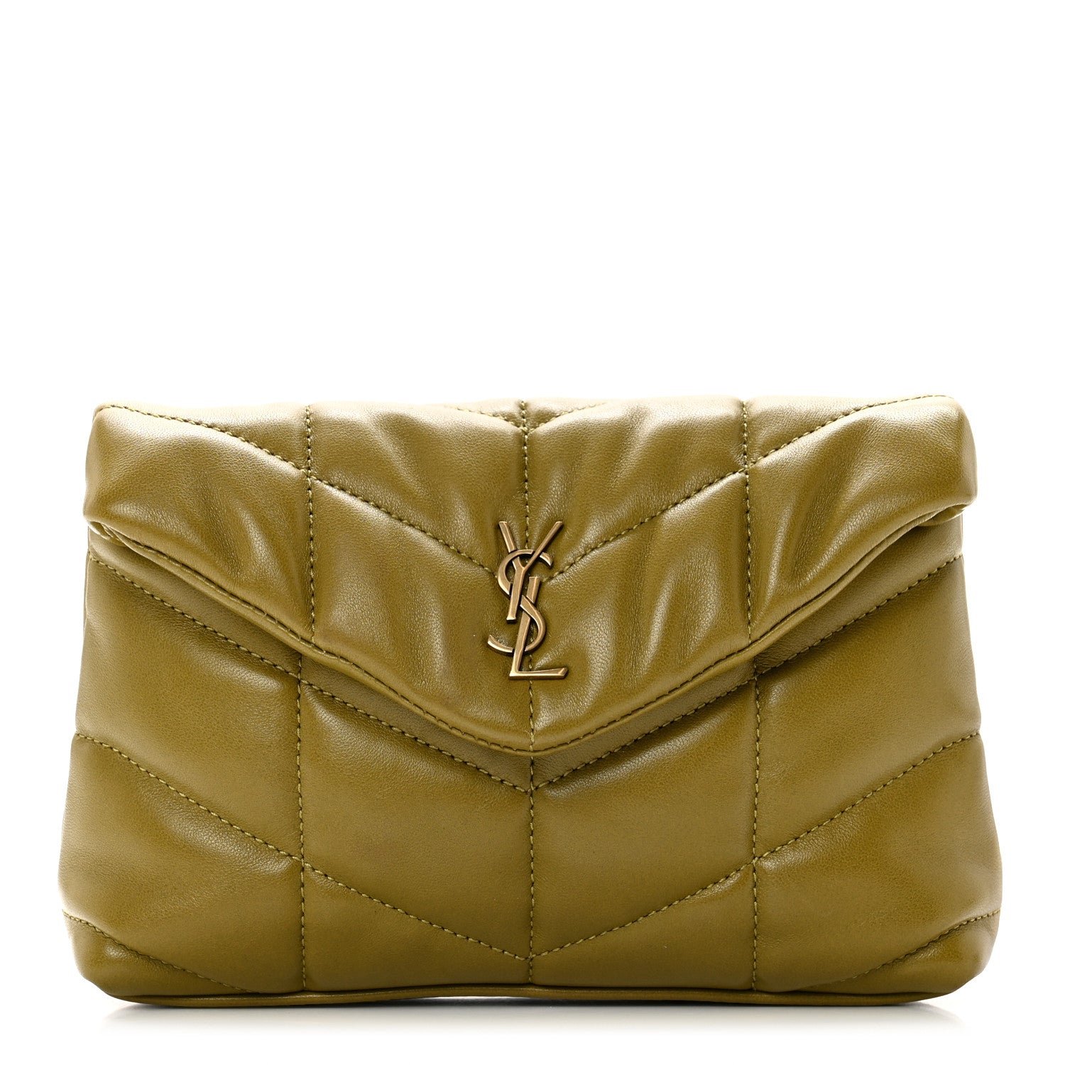 Saint Laurent Lambskin Monogram Loulou Puffer Pouch Clutch Olive
