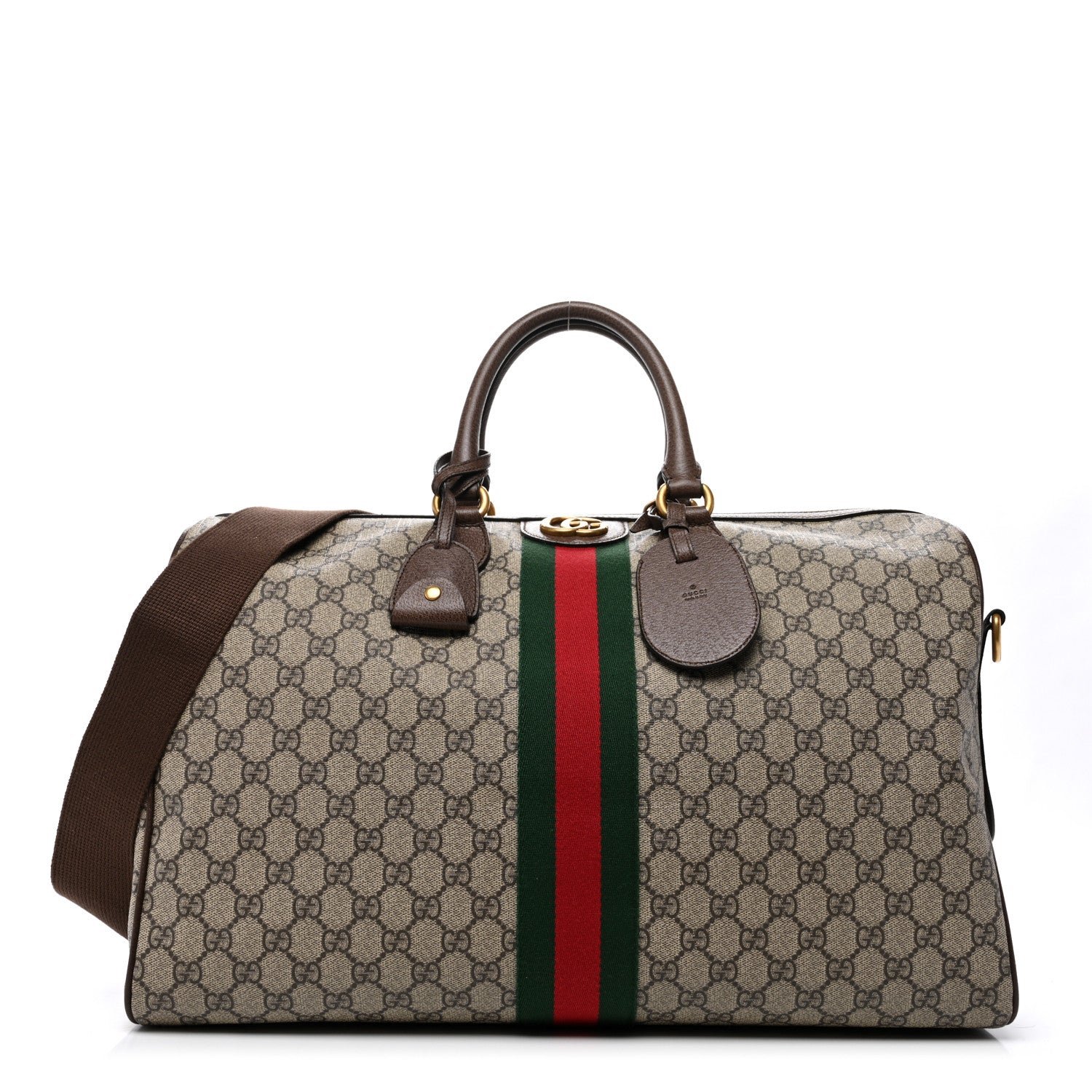 Gucci GG Supreme Monogram Textured Dollar Calfskin Web Medium Ophidia Carry-On Duffle Bag Beige Ebony New Acero
