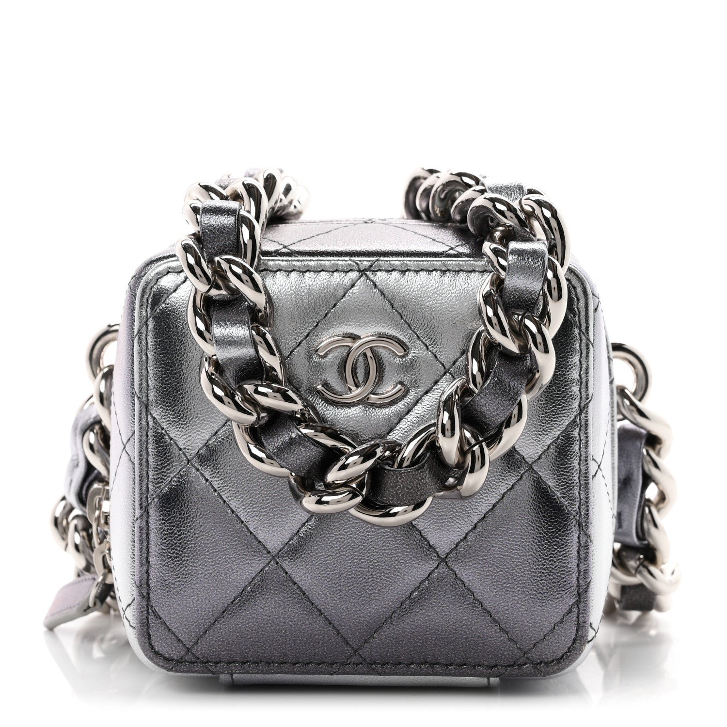 Chanel Gradient Metallic Lambskin Quilted Coco Punk Cube Clutch With Chain Silver Black