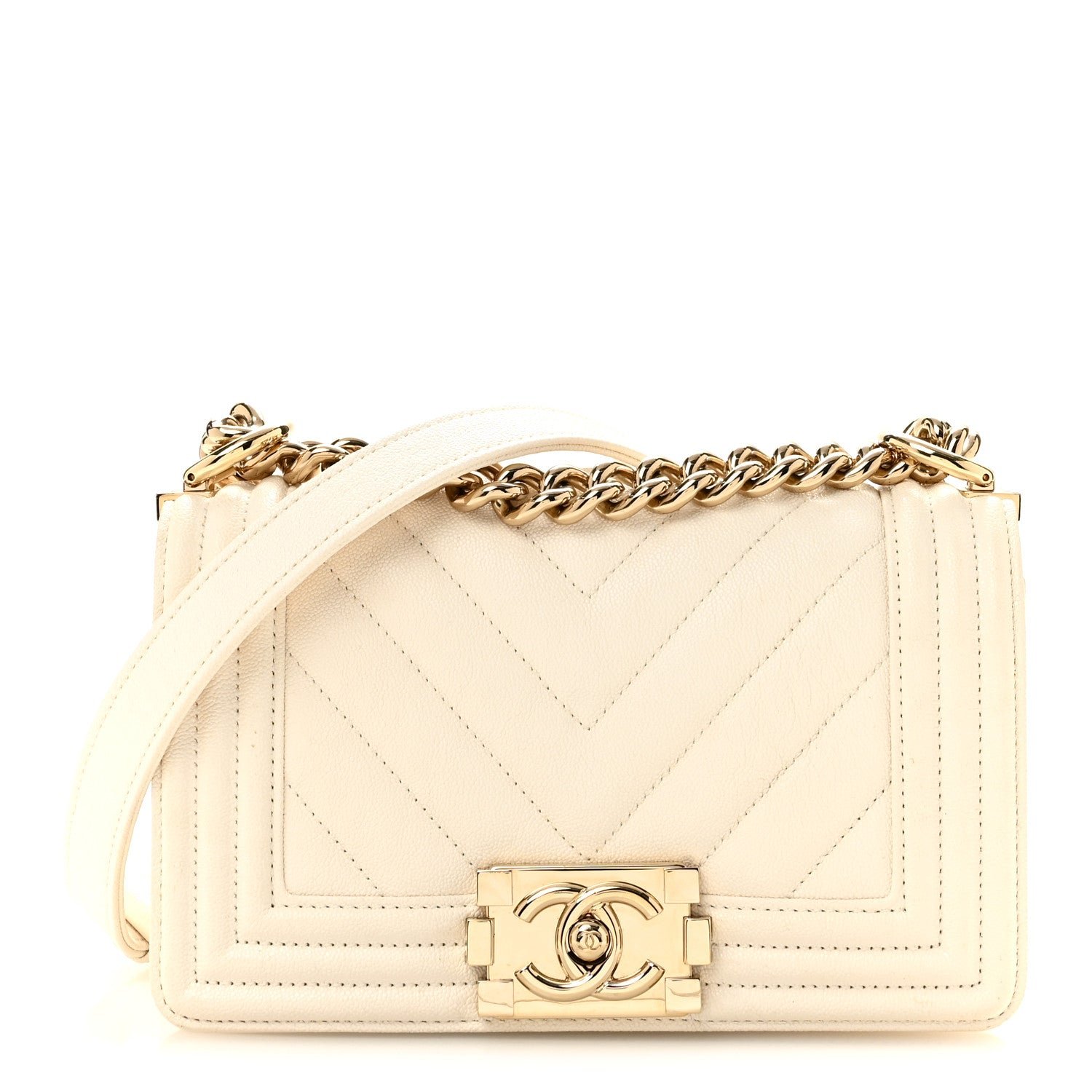 Chanel Caviar Chevron Quilted Small Boy Flap White
