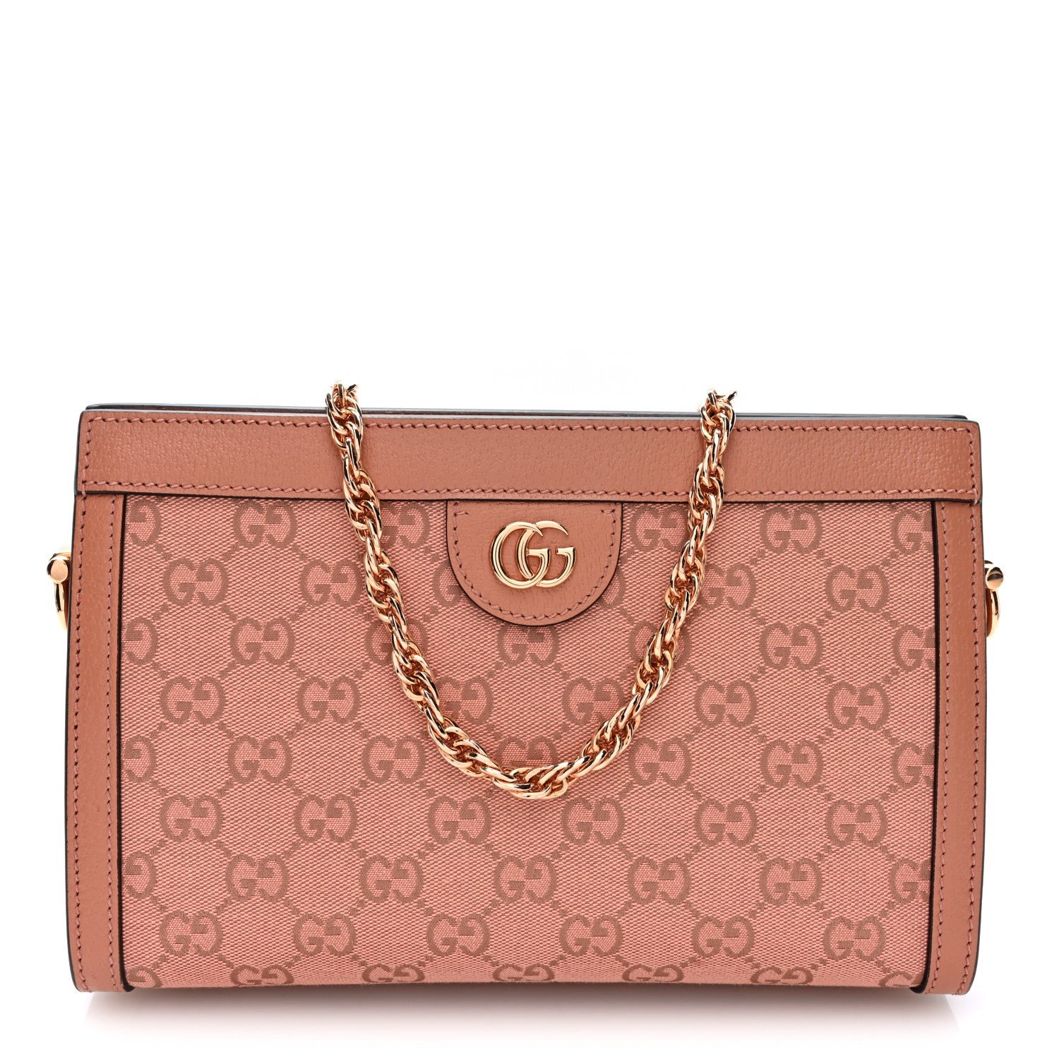Gucci Monogram Textured Dollar Calfskin Small Ophidia Chain Shoulder Bag Cloche Rose Pink