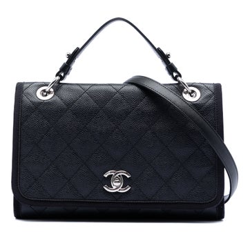 Calf Leather CC Bicolor Quilted Caviar and Grosgrain Top Handle Flap