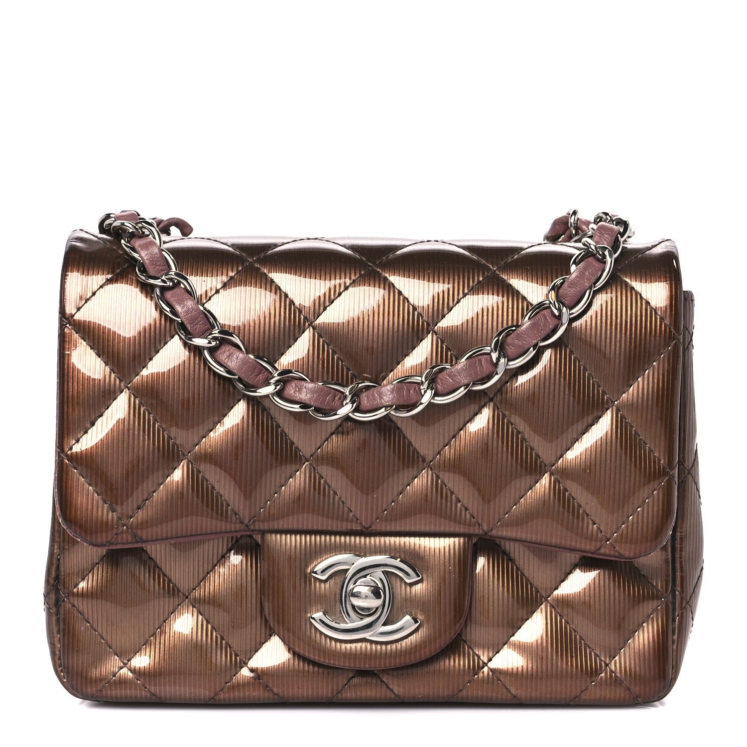Chanel Striated Patent Quilted Mini Square Flap Pink