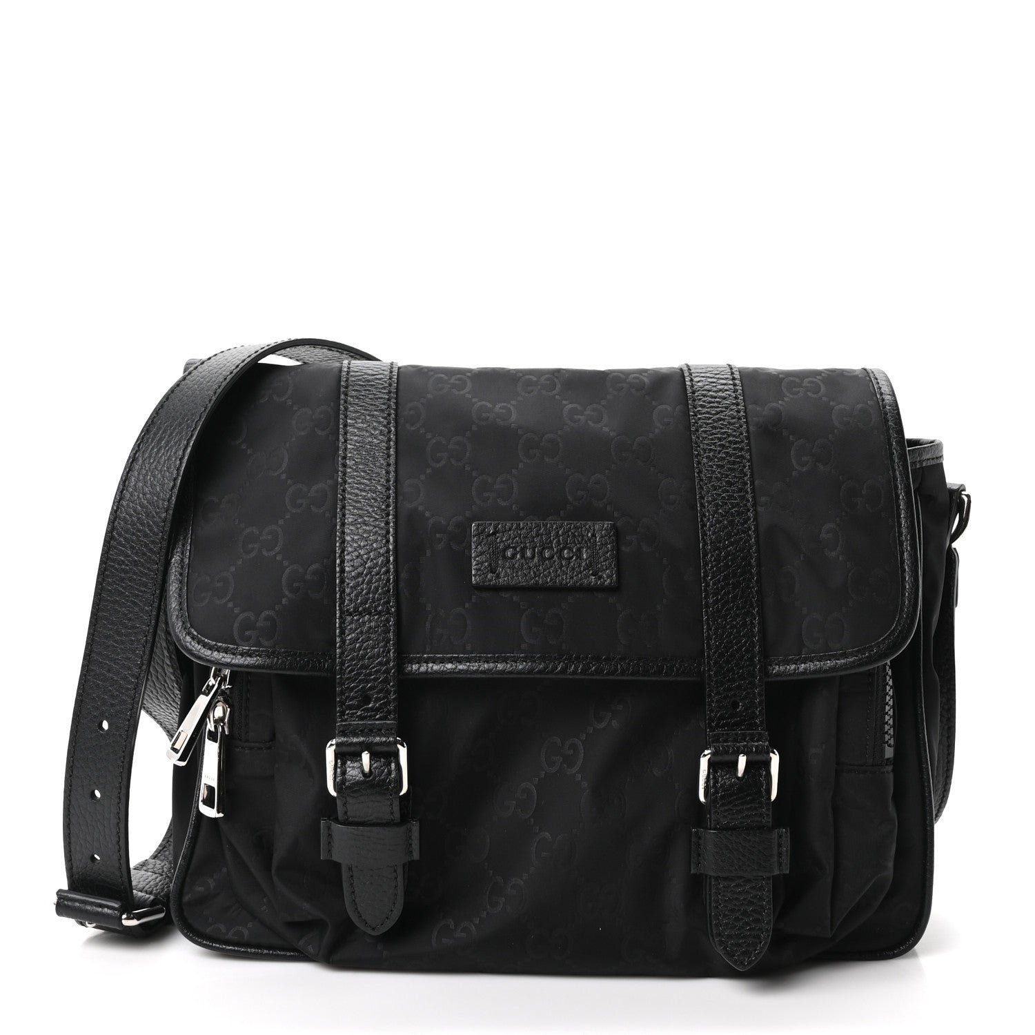 Gucci Nylon Monogram Double Buckle Flap Messenger Bag Black