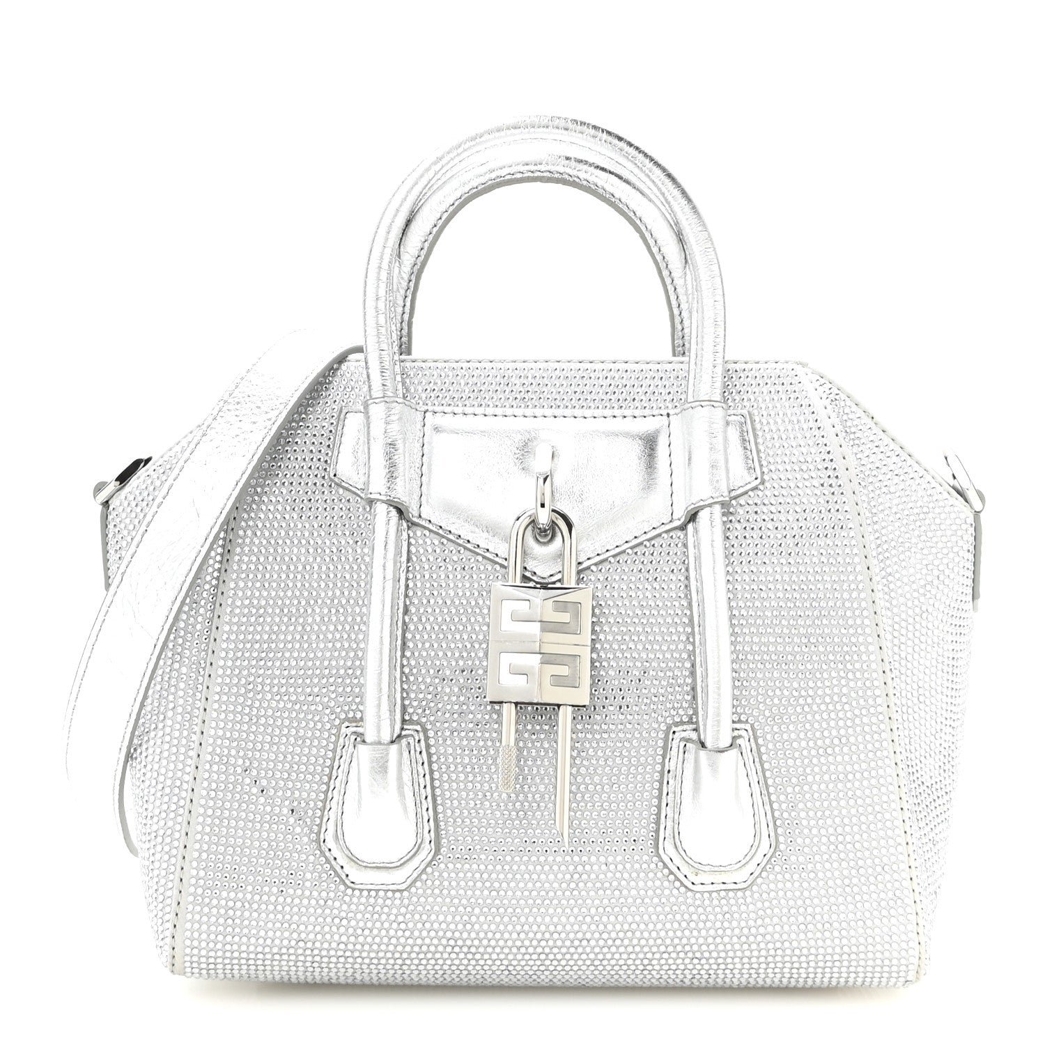 Givenchy Crystal Embellished Mini Lock Antigona Shoulder Bag Silvery Grey