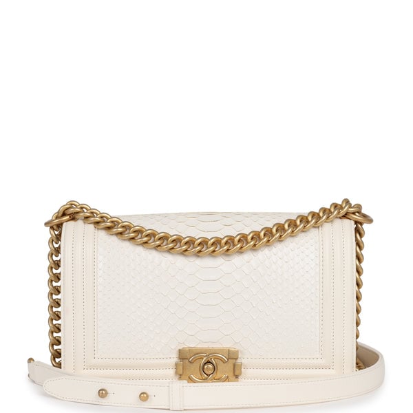 Pre-owned Chanel Medium Boy Bag Ivory Python Antique Gold Hardware
