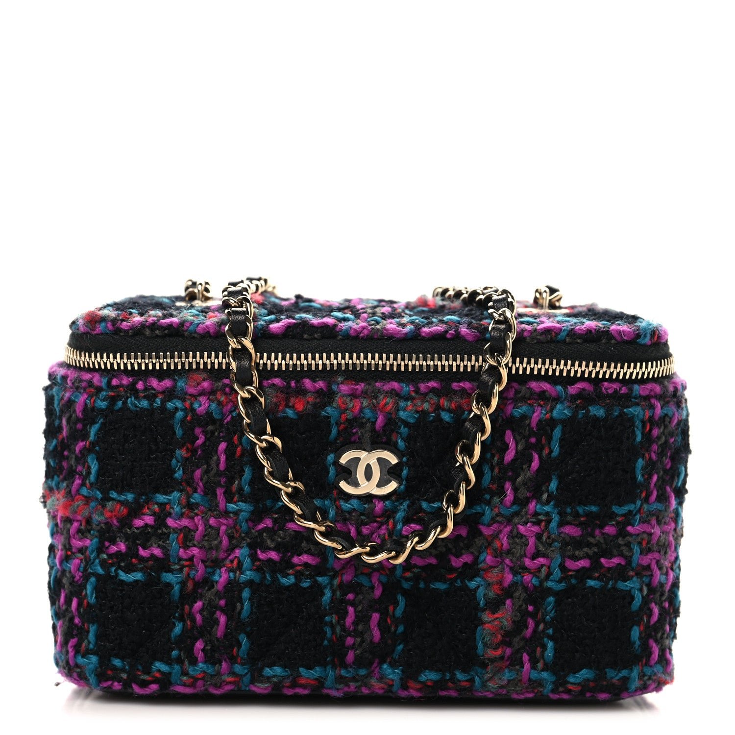 Chanel Tweed Quilted Small Vanity Case With Chain Black Purple Green Red