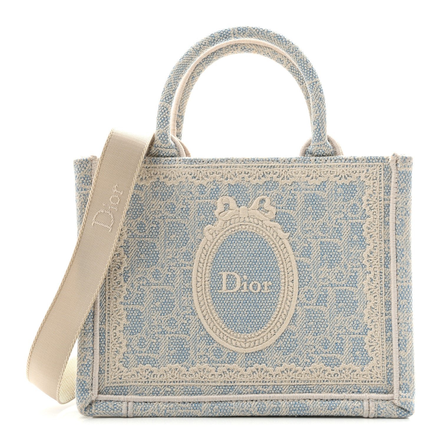 Christian Dior Washed Embroidery Oblique Lace Dior Medallion Mini Book Tote With Strap Celeste Blue Ecru