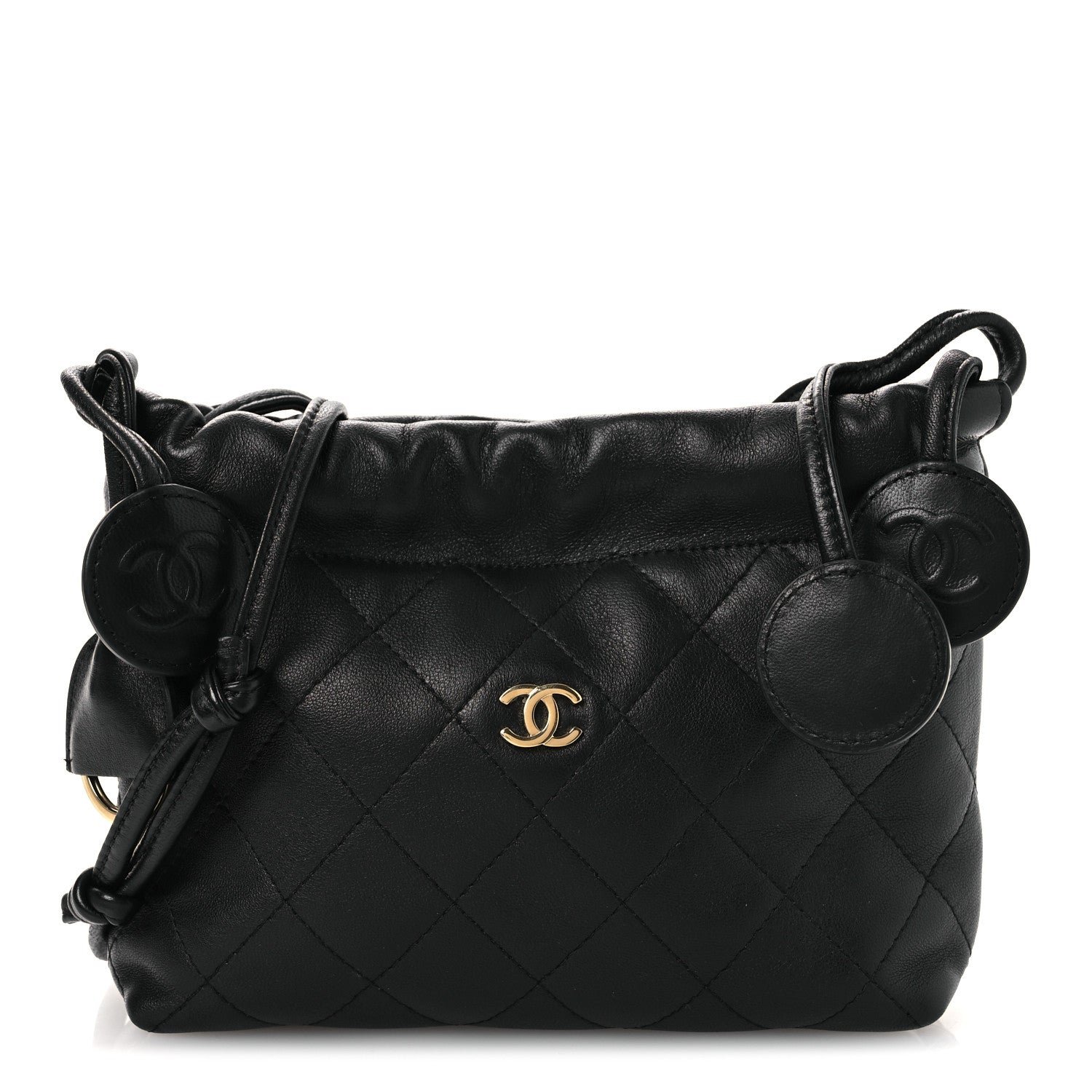 Chanel Lambskin Quilted Drawstring Clutch With Strap Black