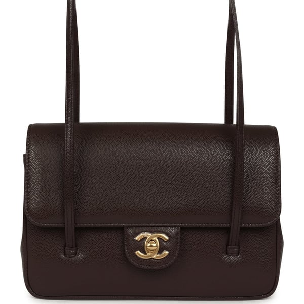 Chanel Small Preppy Coco Flap Bag Dark Brown Shiny Caviar Brushed Gold Hardware