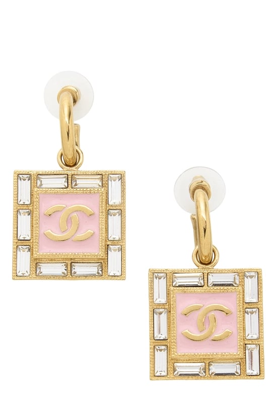 Pink & Gold Crystal 'CC' Square Earrings