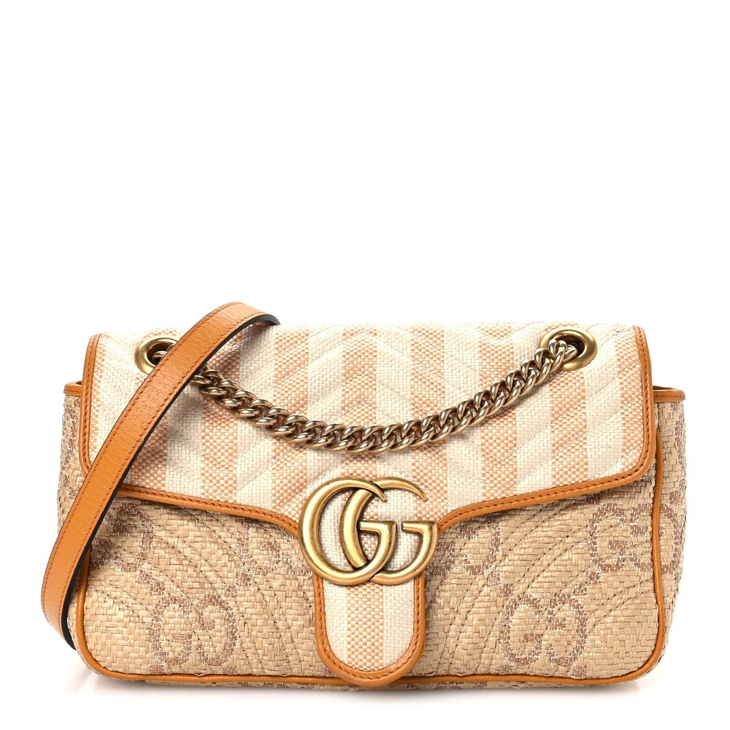Gucci Raffia GG Monogram Matelasse Small GG Marmont Shoulder Bag Natural Beige Off White Sun Oil